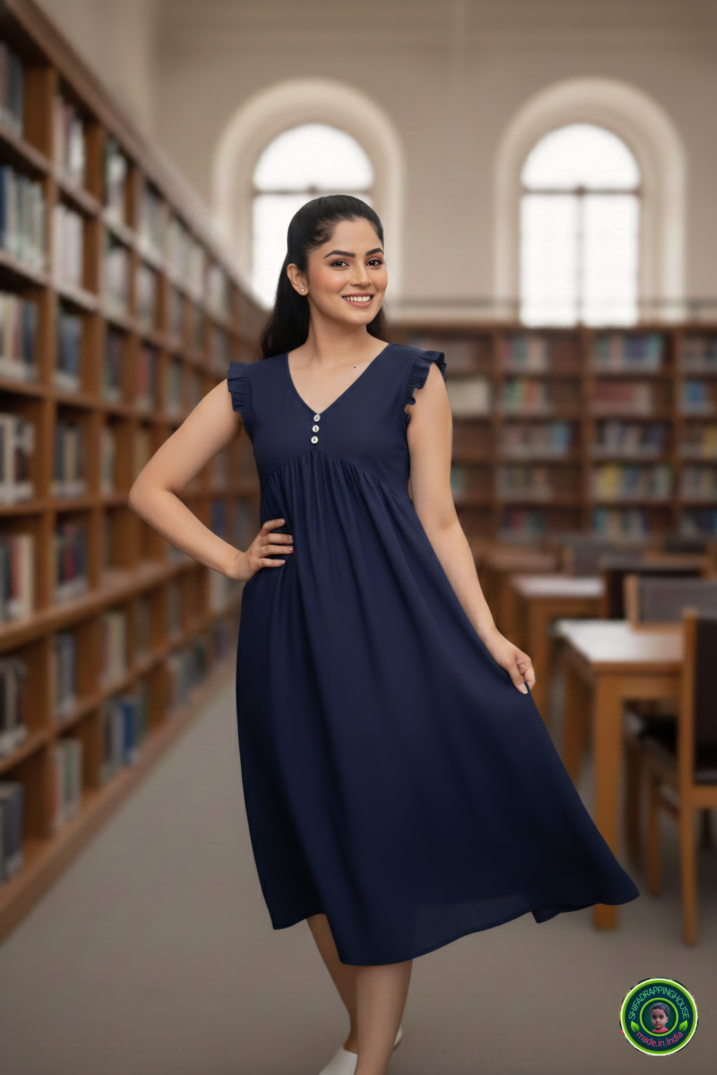 Exclusive Navy Blue Denim Sleeveless Midi with Frilled Detailing