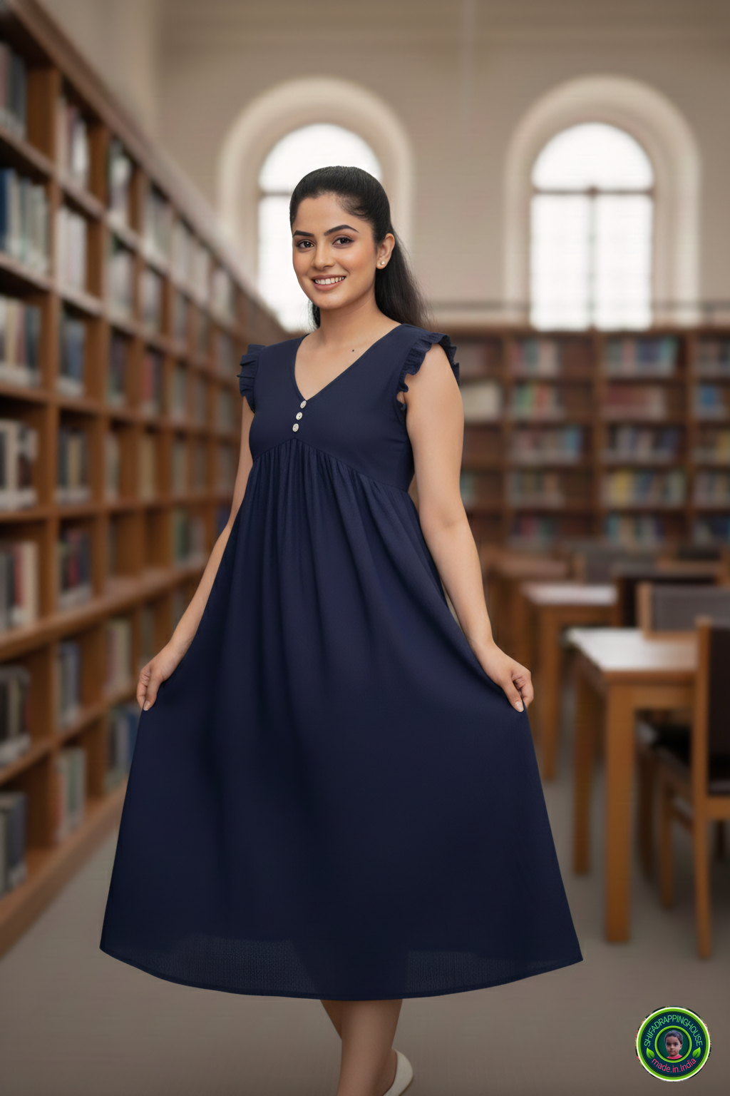Exclusive Navy Blue Denim Sleeveless Midi with Frilled Detailing