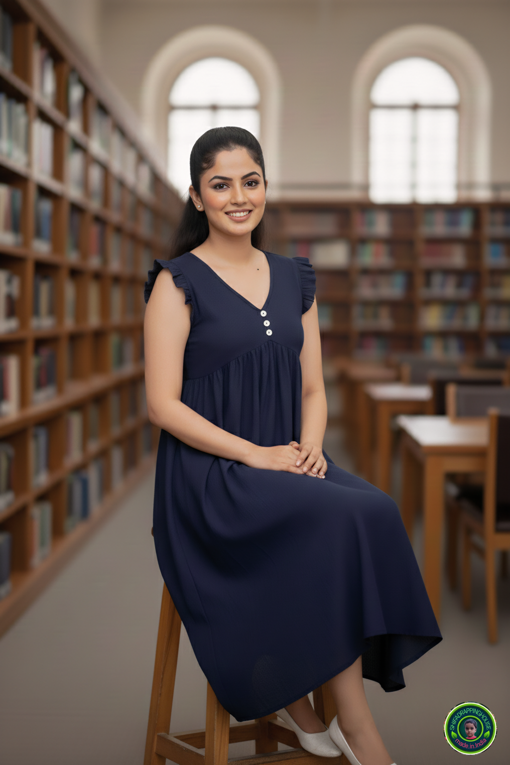Exclusive Navy Blue Denim Sleeveless Midi with Frilled Detailing