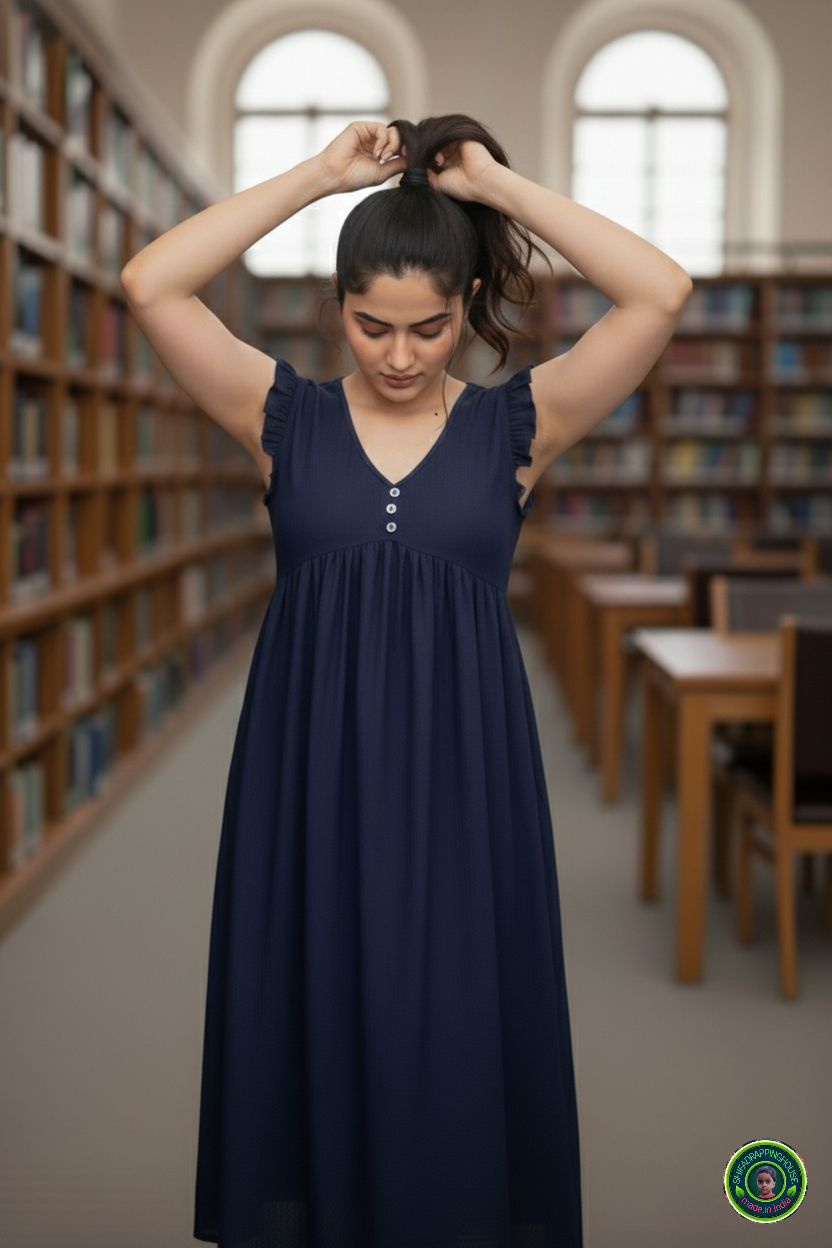 Exclusive Navy Blue Denim Sleeveless Midi with Frilled Detailing