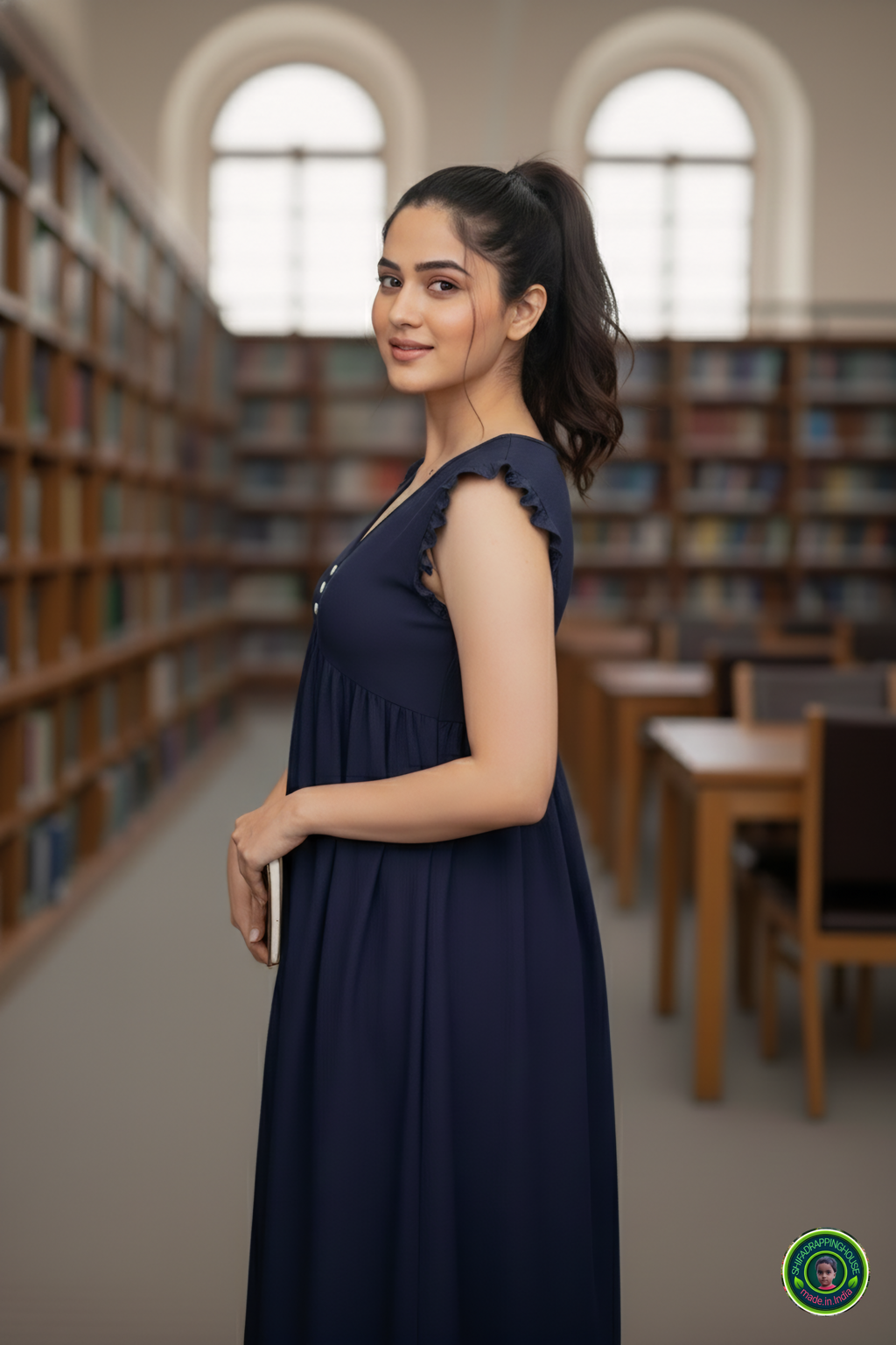 Exclusive Navy Blue Denim Sleeveless Midi with Frilled Detailing