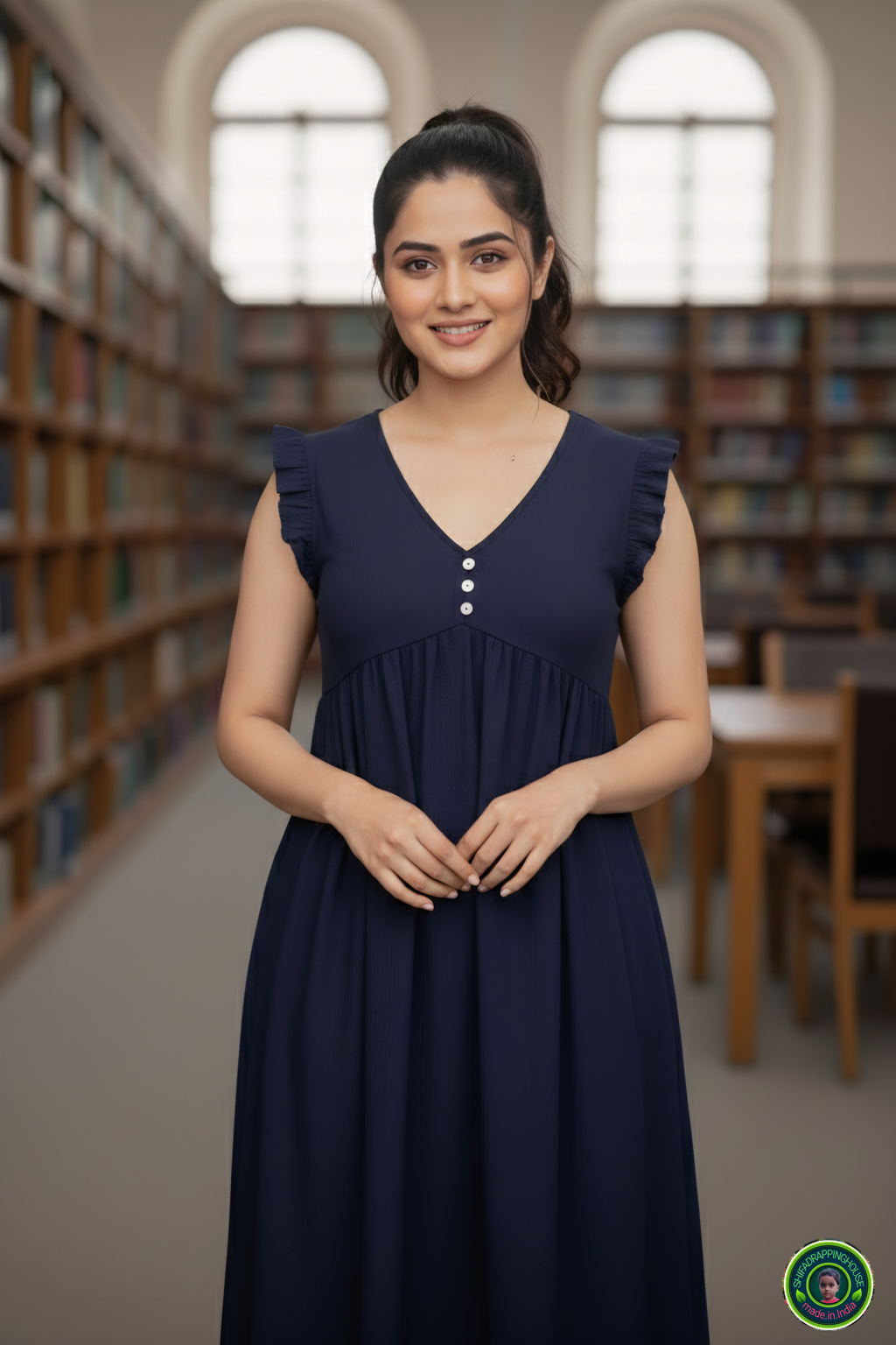 Exclusive Navy Blue Denim Sleeveless Midi with Frilled Detailing