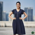 Shifa Drapping House: Chic Denim Midi Dress with Gathered Waist & Pockets