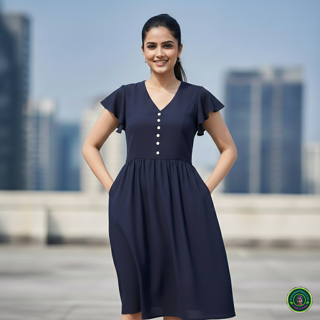 Shifa Drapping House: Chic Denim Midi Dress with Gathered Waist & Pockets