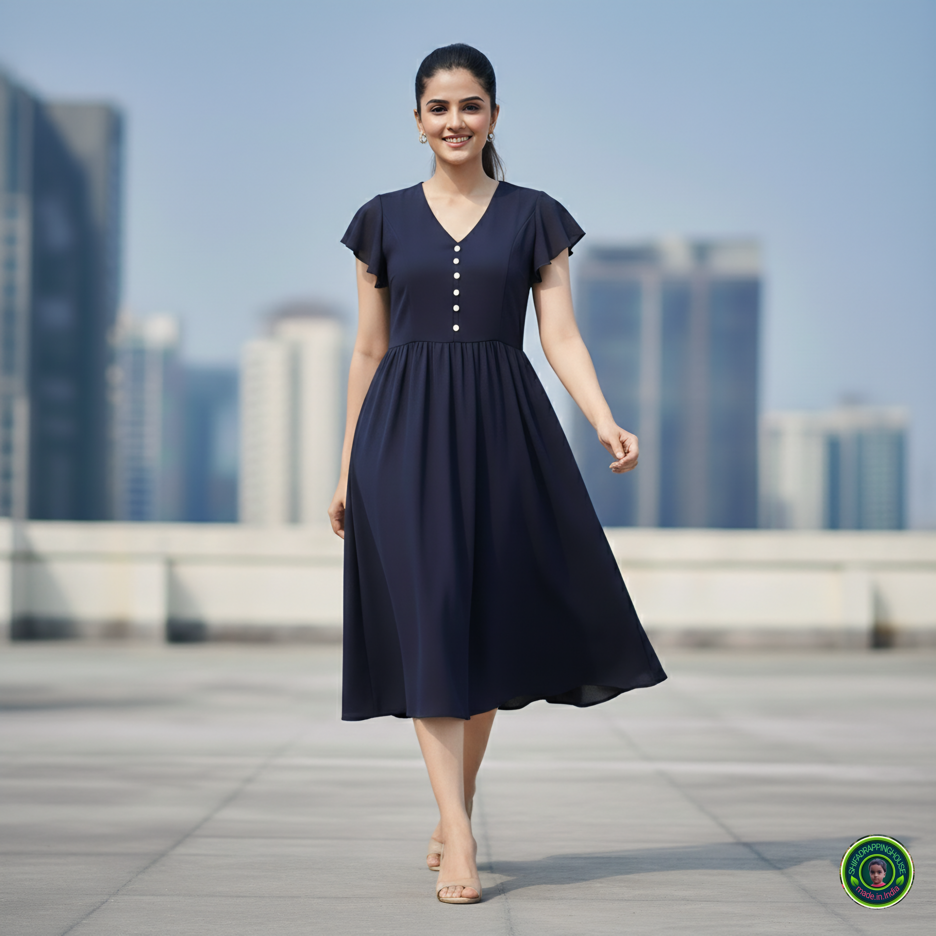 Shifa Drapping House: Chic Denim Midi Dress with Gathered Waist & Pockets