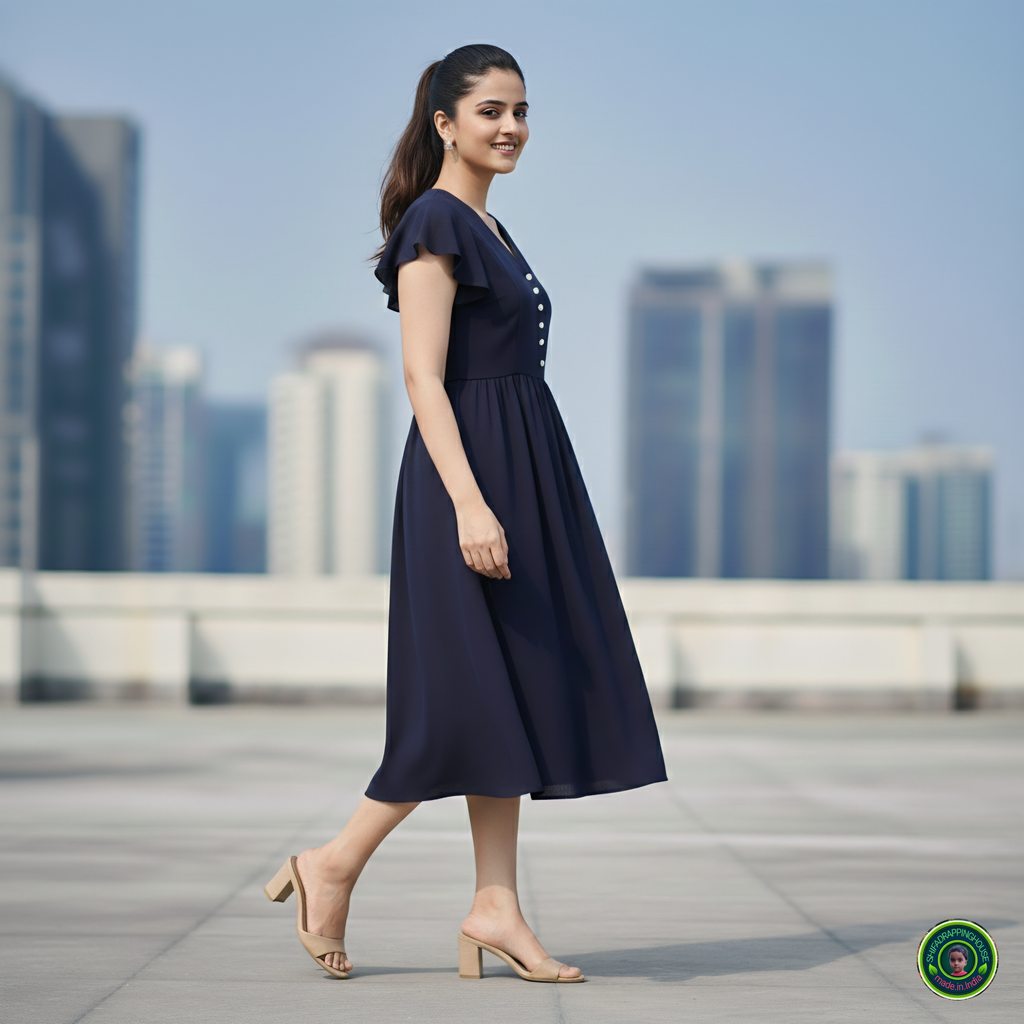 Shifa Drapping House: Chic Denim Midi Dress with Gathered Waist & Pockets