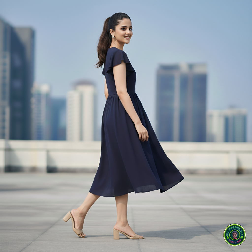 Shifa Drapping House: Chic Denim Midi Dress with Gathered Waist & Pockets