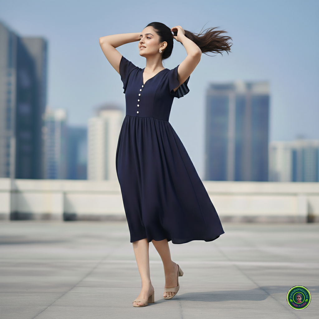 Shifa Drapping House: Chic Denim Midi Dress with Gathered Waist & Pockets