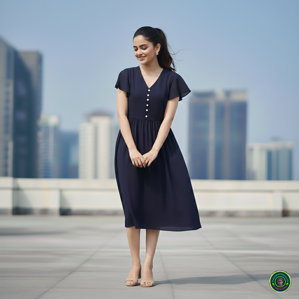 Shifa Drapping House: Chic Denim Midi Dress with Gathered Waist & Pockets