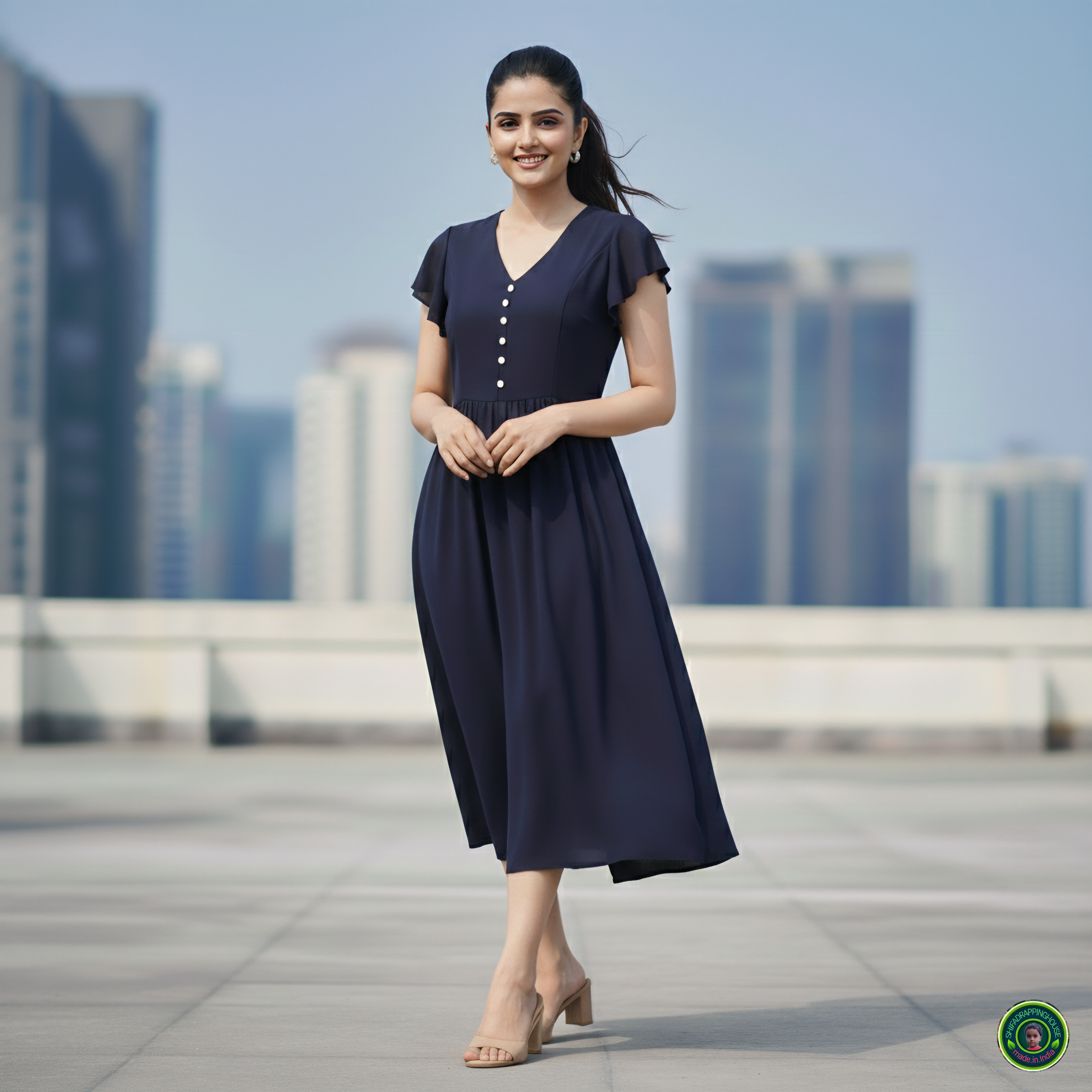Shifa Drapping House: Chic Denim Midi Dress with Gathered Waist & Pockets