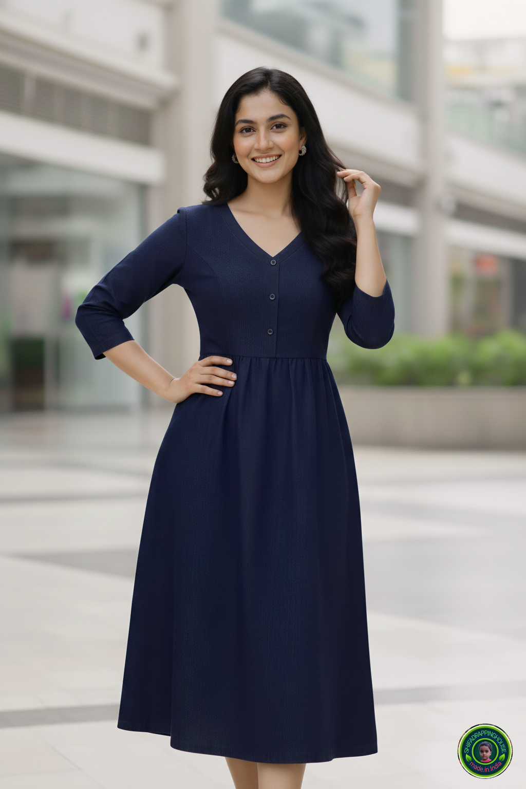Shifa Drapping House: Indo-Western Denim Midi with Gathered Waist & Pockets