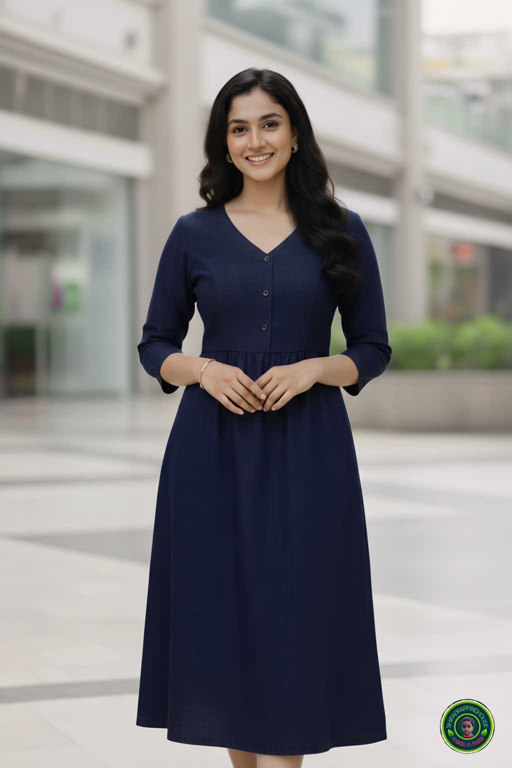 Shifa Drapping House: Indo-Western Denim Midi with Gathered Waist & Pockets