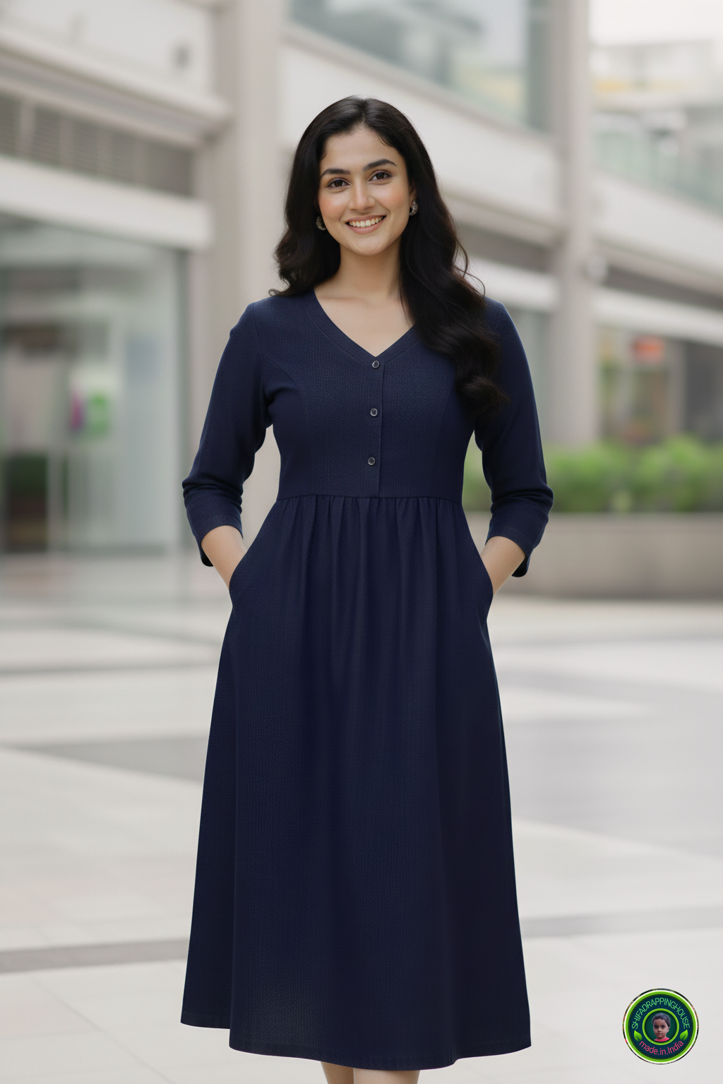 Shifa Drapping House: Indo-Western Denim Midi with Gathered Waist & Pockets