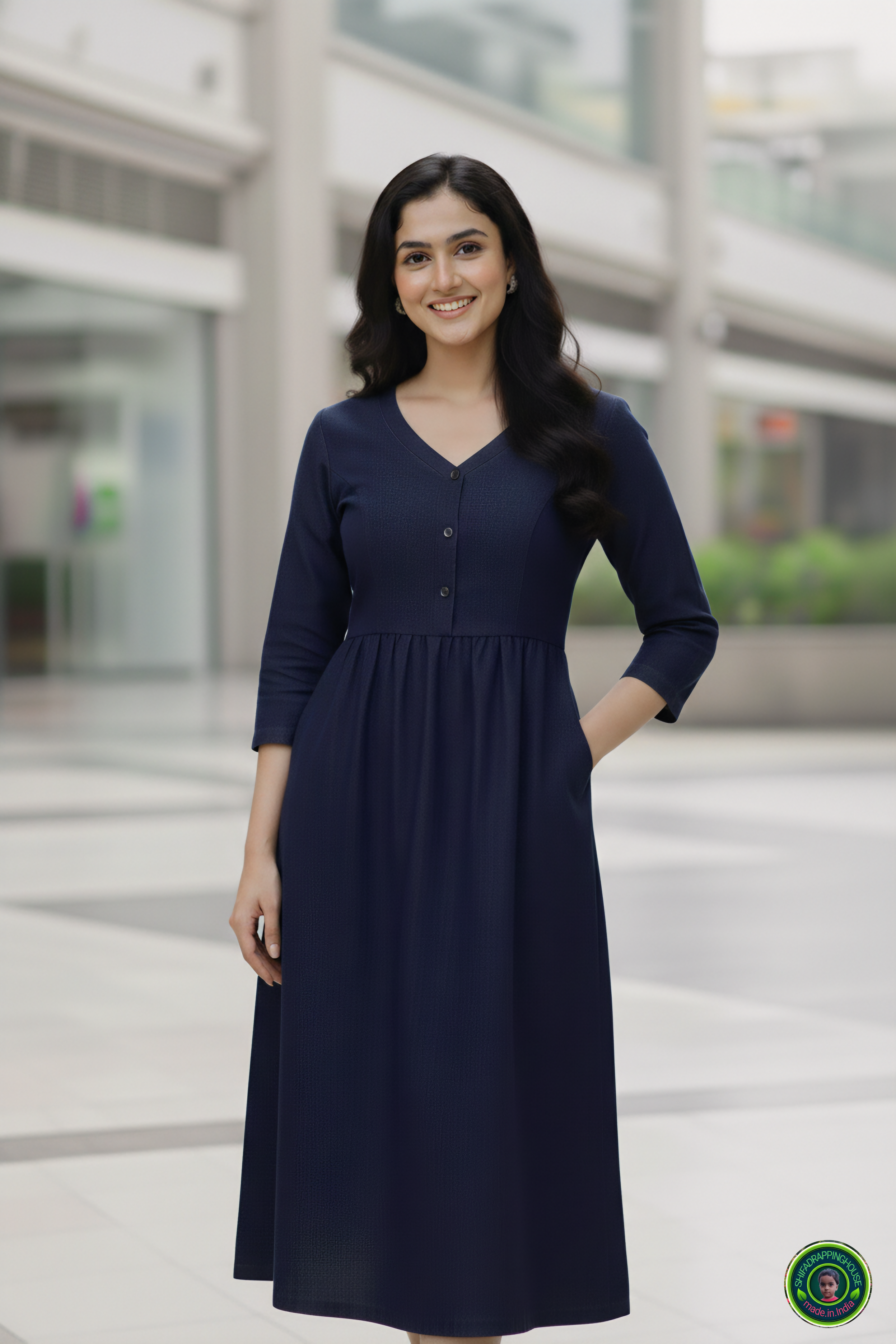 Shifa Drapping House: Indo-Western Denim Midi with Gathered Waist & Pockets