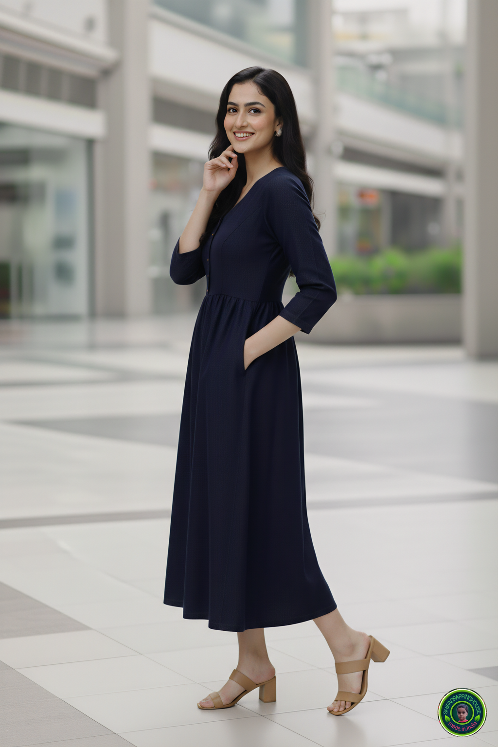 Shifa Drapping House: Indo-Western Denim Midi with Gathered Waist & Pockets
