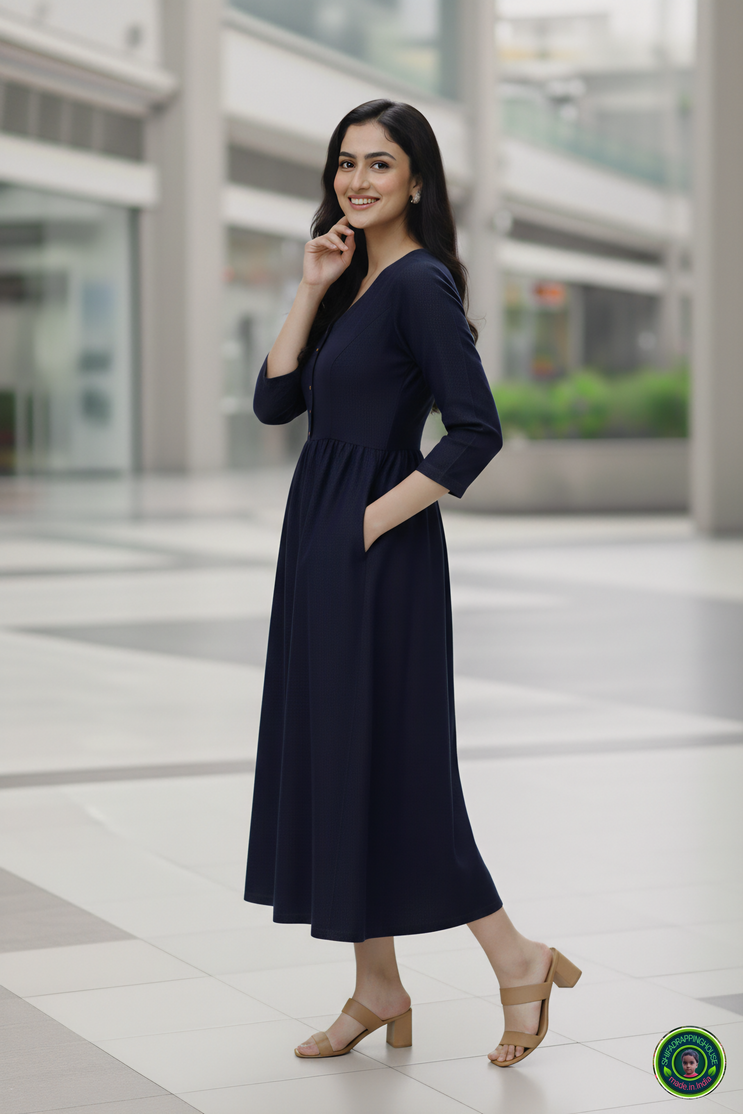 Shifa Drapping House: Indo-Western Denim Midi with Gathered Waist & Pockets