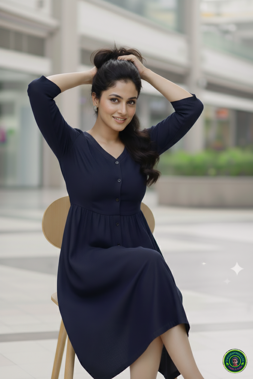 Shifa Drapping House: Indo-Western Denim Midi with Gathered Waist & Pockets