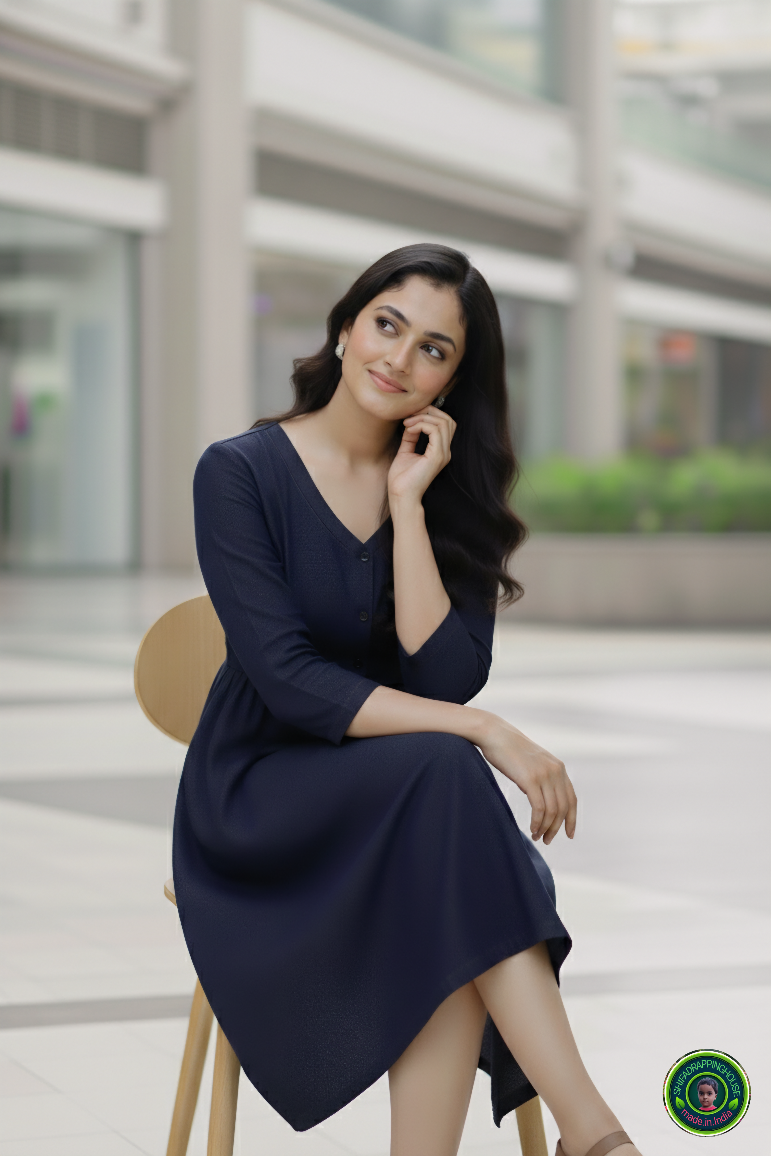 Shifa Drapping House: Indo-Western Denim Midi with Gathered Waist & Pockets