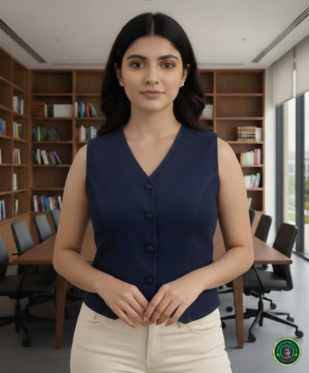 Shifa Drapping House | Women’s Premium Navy Blue Denim Waistcoat – Smart Fit Sleeveless Vest for Summer