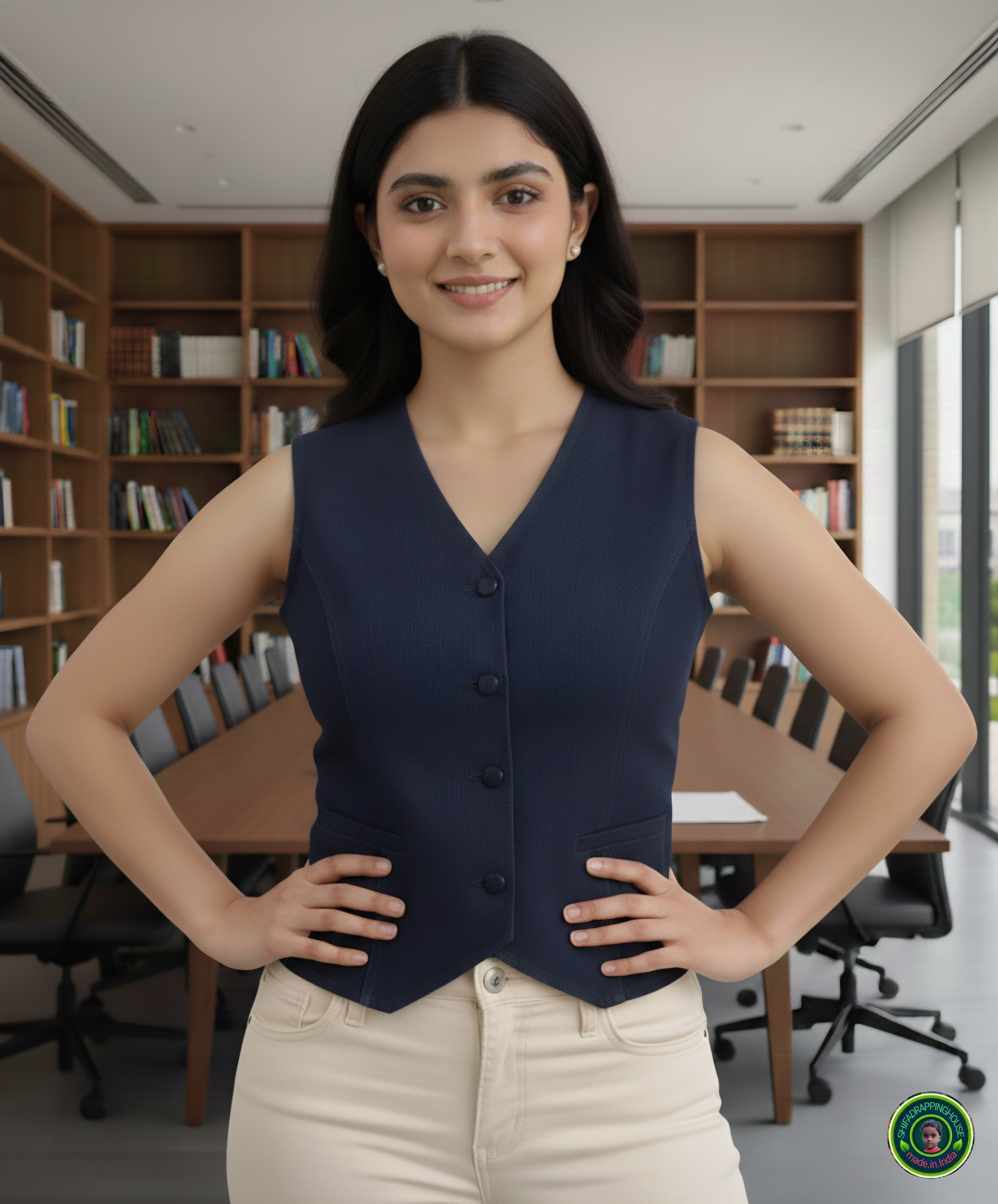 Shifa Drapping House | Women’s Premium Navy Blue Denim Waistcoat – Smart Fit Sleeveless Vest for Summer