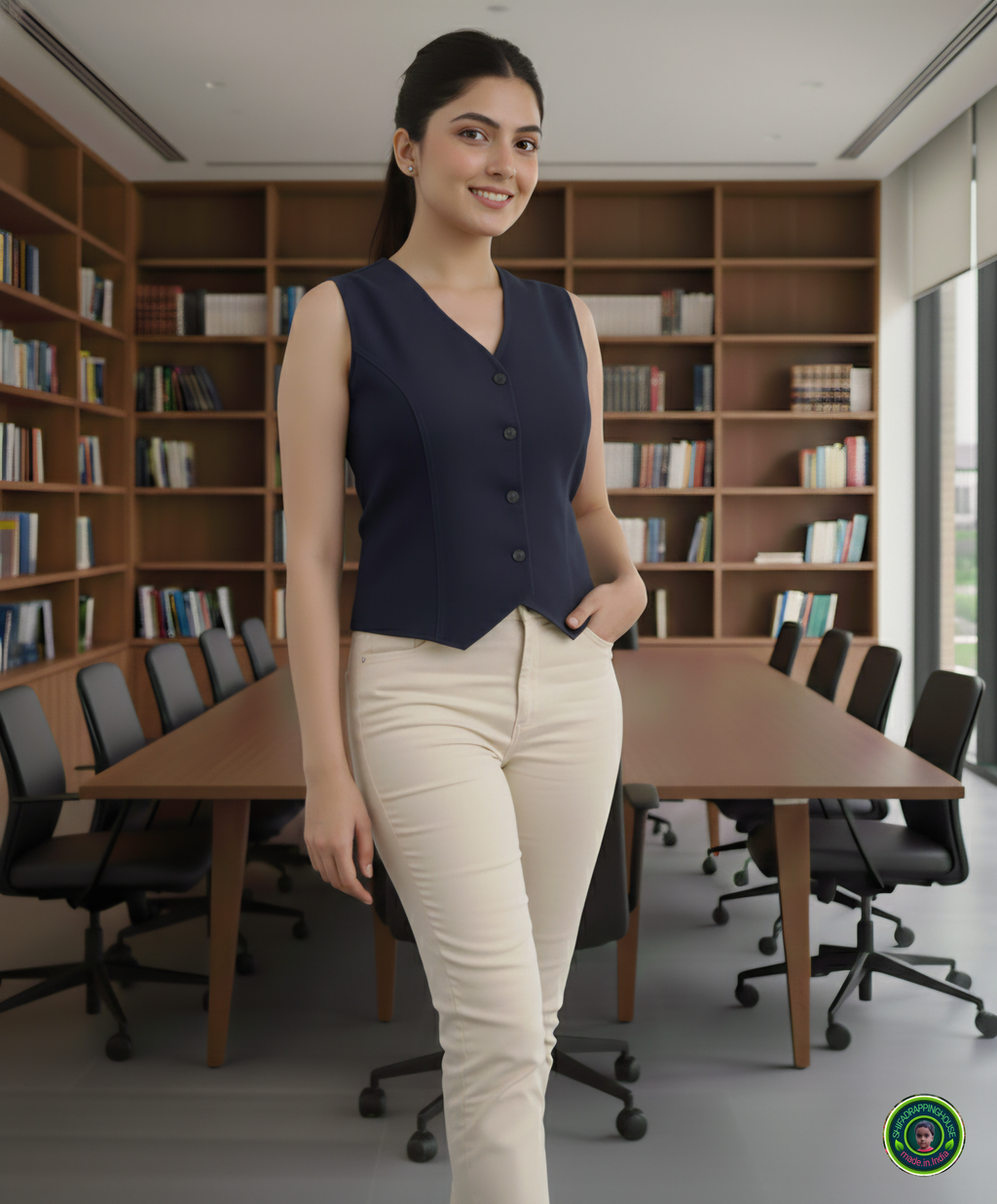 Shifa Drapping House | Women’s Premium Navy Blue Denim Waistcoat – Smart Fit Sleeveless Vest for Summer