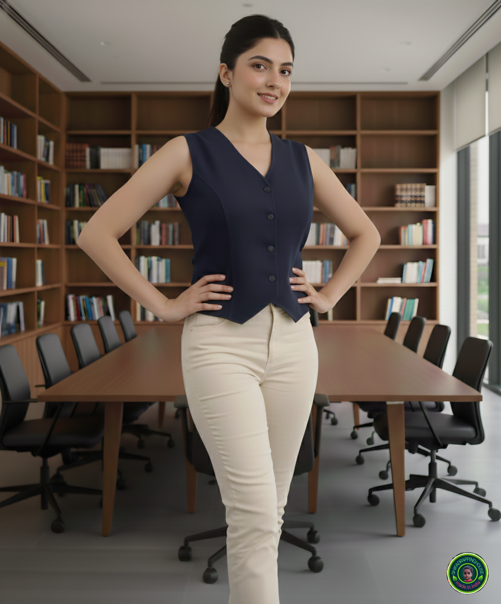 Shifa Drapping House | Women’s Premium Navy Blue Denim Waistcoat – Smart Fit Sleeveless Vest for Summer