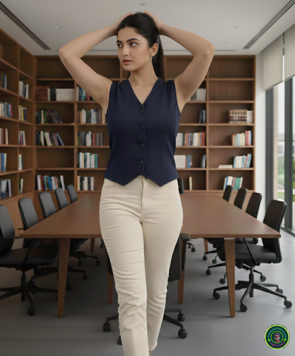 Shifa Drapping House | Women’s Premium Navy Blue Denim Waistcoat – Smart Fit Sleeveless Vest for Summer