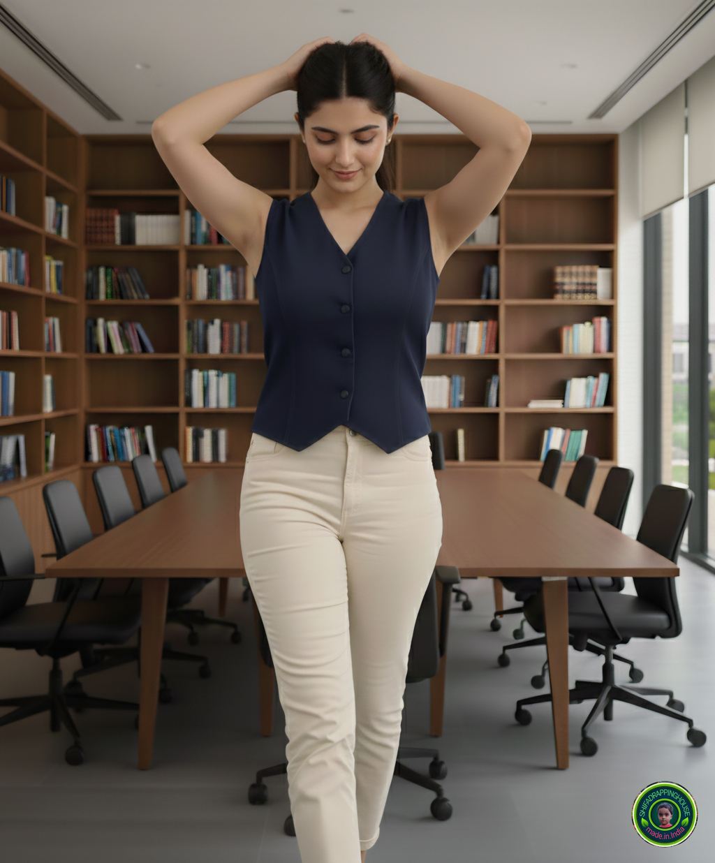 Shifa Drapping House | Women’s Premium Navy Blue Denim Waistcoat – Smart Fit Sleeveless Vest for Summer