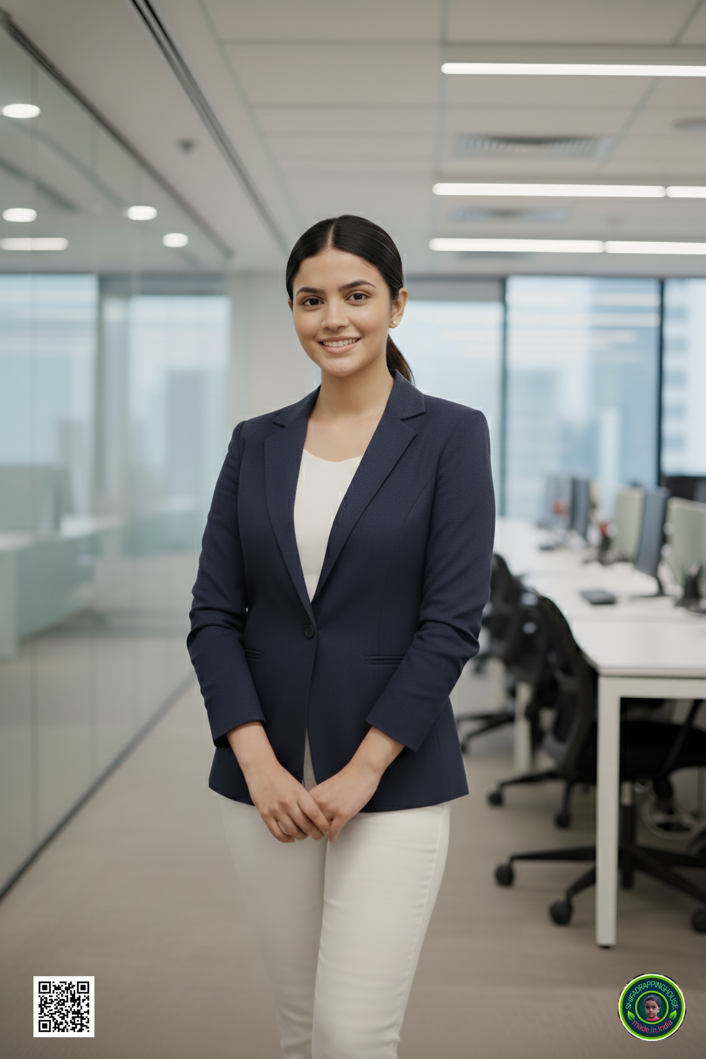 Shifa Drapping House Exclusive: Women’s Luxury Navy Blue Denim Blazer Jacket – Tailored Princess Line & Full Lining