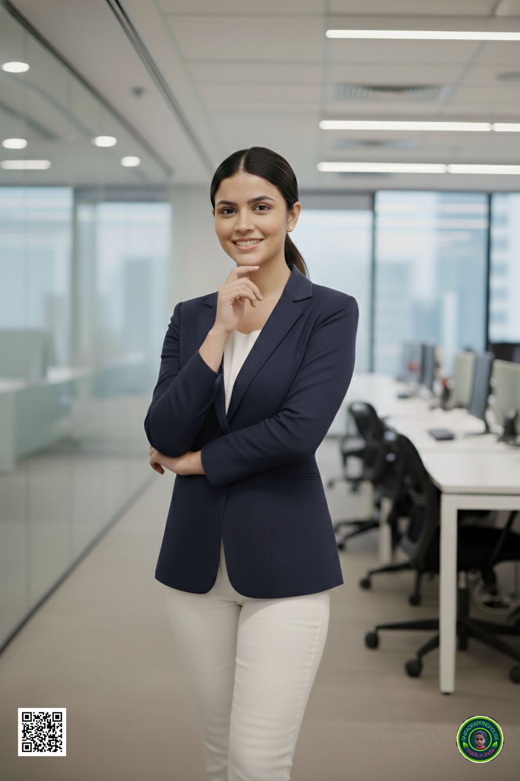 Shifa Drapping House Exclusive: Women’s Luxury Navy Blue Denim Blazer Jacket – Tailored Princess Line & Full Lining