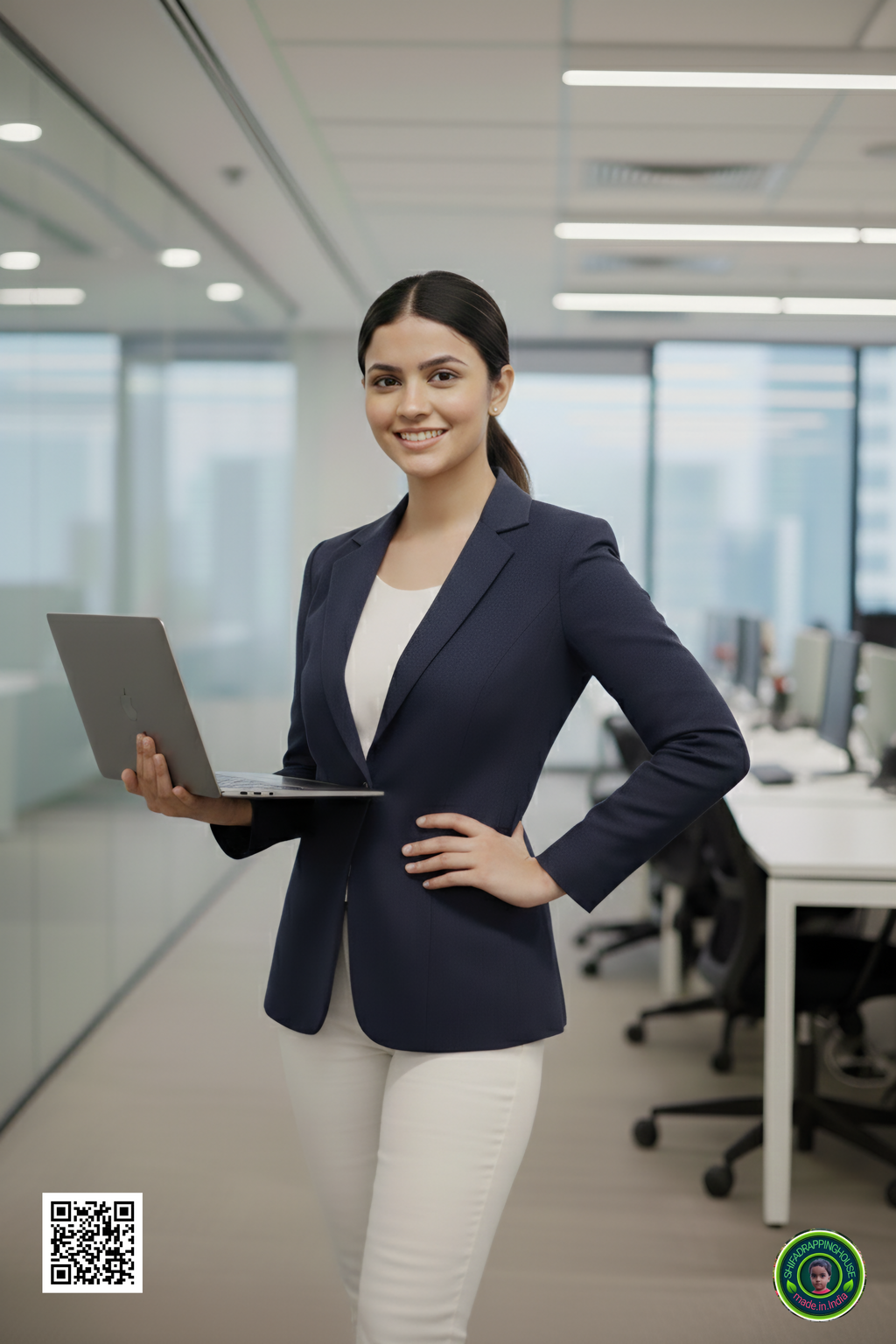 Shifa Drapping House Exclusive: Women’s Luxury Navy Blue Denim Blazer Jacket – Tailored Princess Line & Full Lining