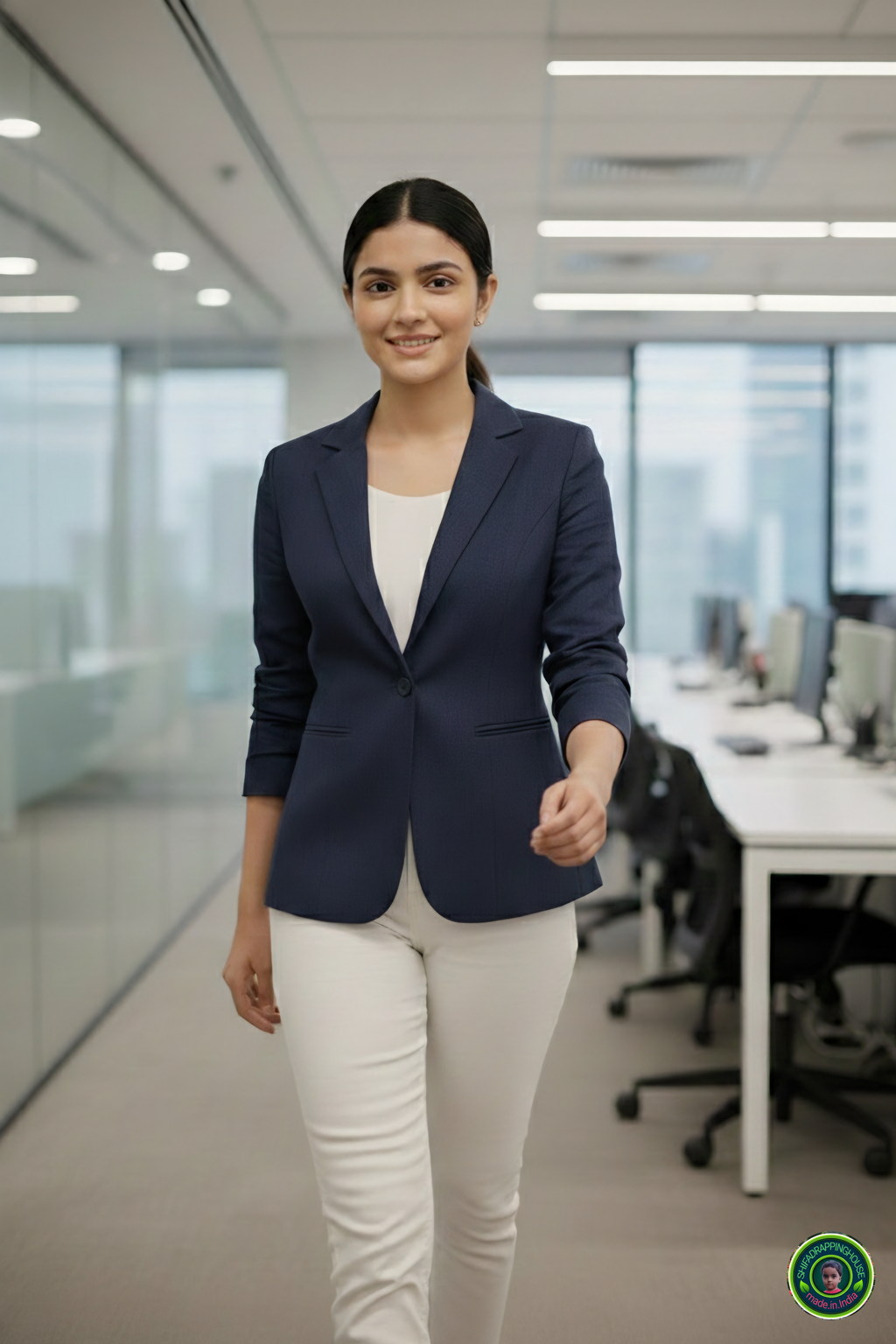 Shifa Drapping House Exclusive: Women’s Luxury Navy Blue Denim Blazer Jacket – Tailored Princess Line & Full Lining