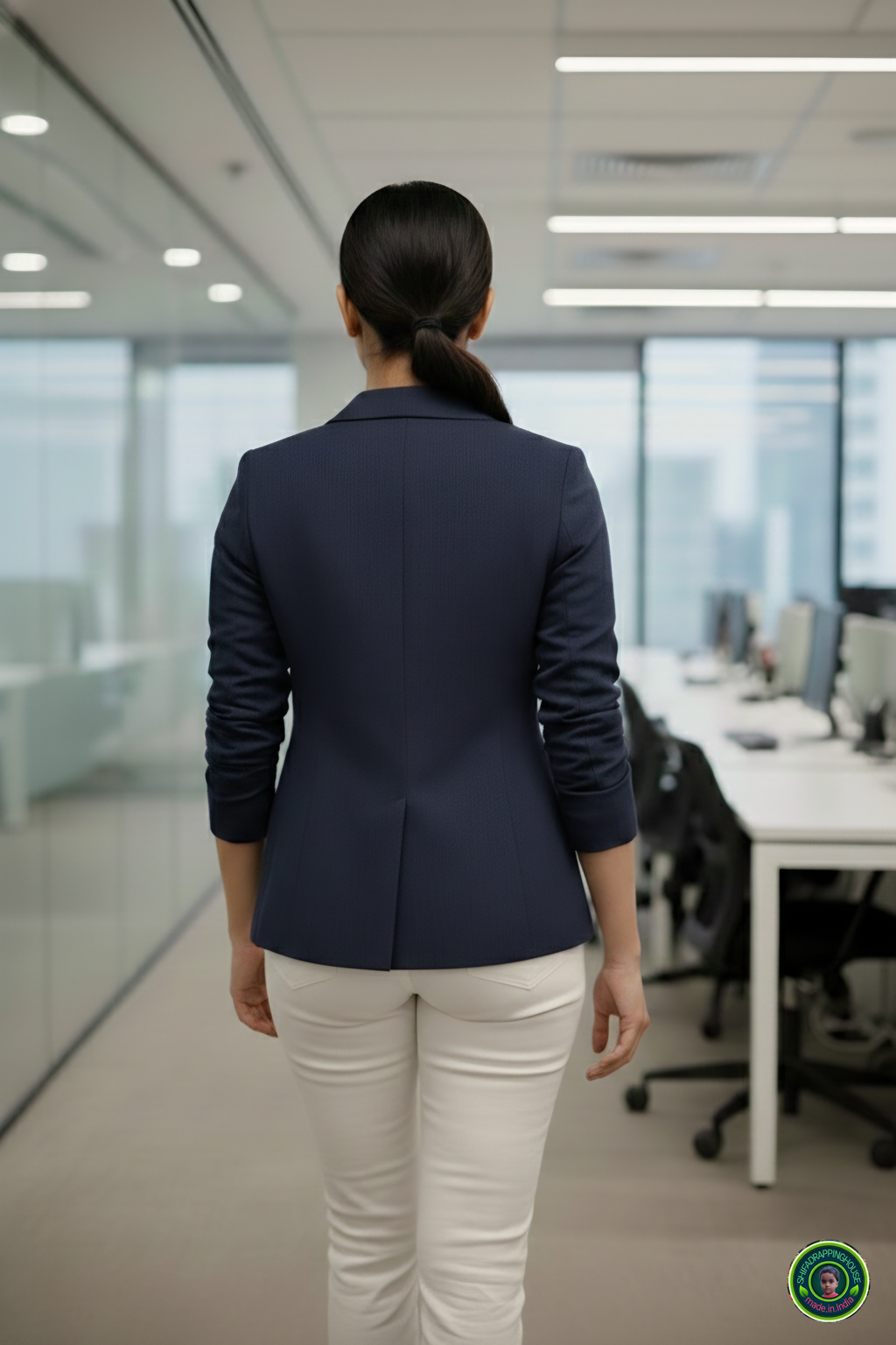 Shifa Drapping House Exclusive: Women’s Luxury Navy Blue Denim Blazer Jacket – Tailored Princess Line & Full Lining