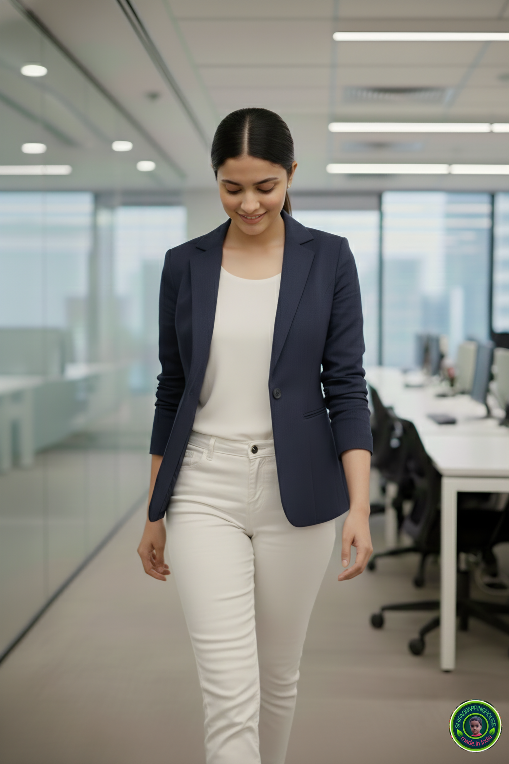 Shifa Drapping House Exclusive: Women’s Luxury Navy Blue Denim Blazer Jacket – Tailored Princess Line & Full Lining