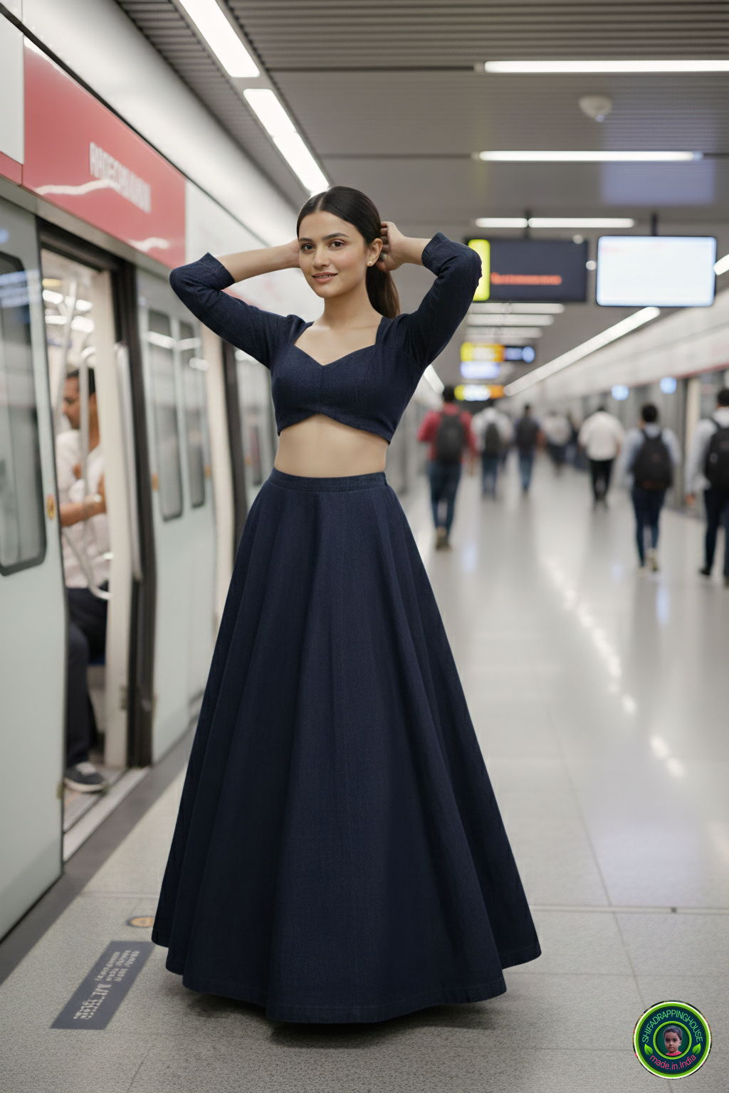 Shifa Drapping House Exclusive | Luxury Navy Blue Denim Lehenga Blouse Set – Princess Cut Blouse & High-Flare Cross-Ghera Skirt