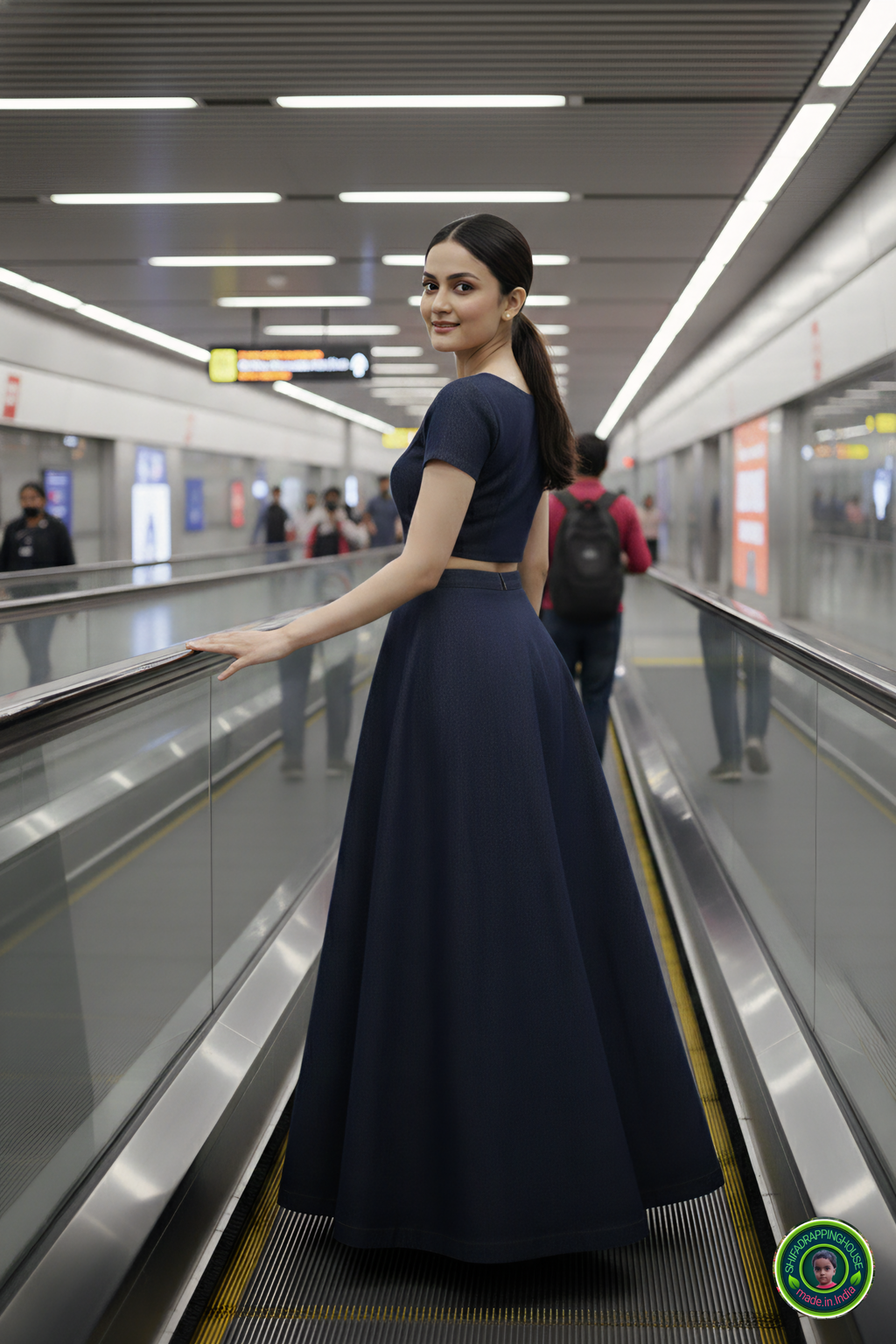 Shifa Drapping House Exclusive | Luxury Navy Blue Denim Lehenga Blouse Set – Princess Cut Blouse & High-Flare Cross-Ghera Skirt