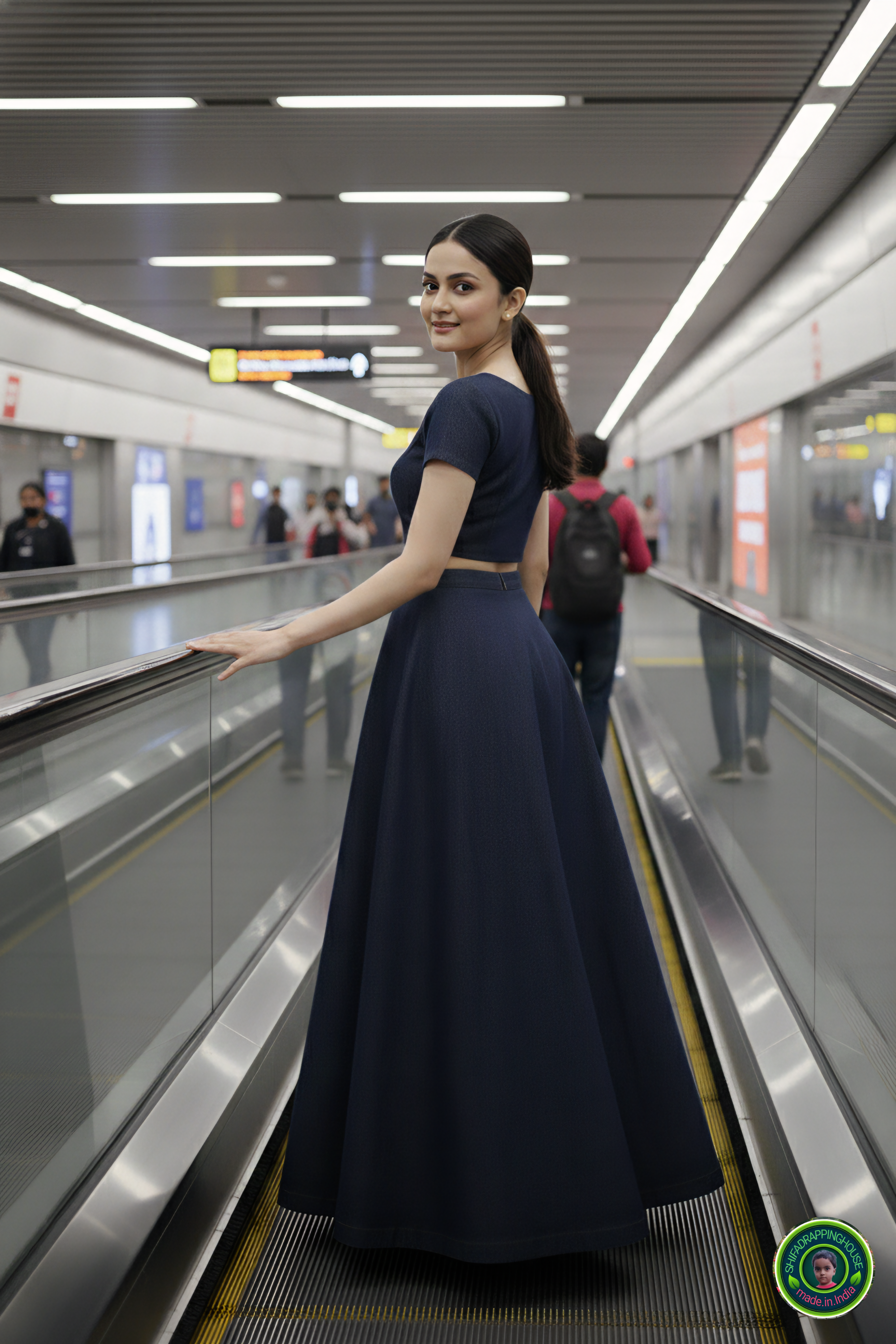 Shifa Drapping House Exclusive | Luxury Navy Blue Denim Lehenga Blouse Set – Princess Cut Blouse & High-Flare Cross-Ghera Skirt