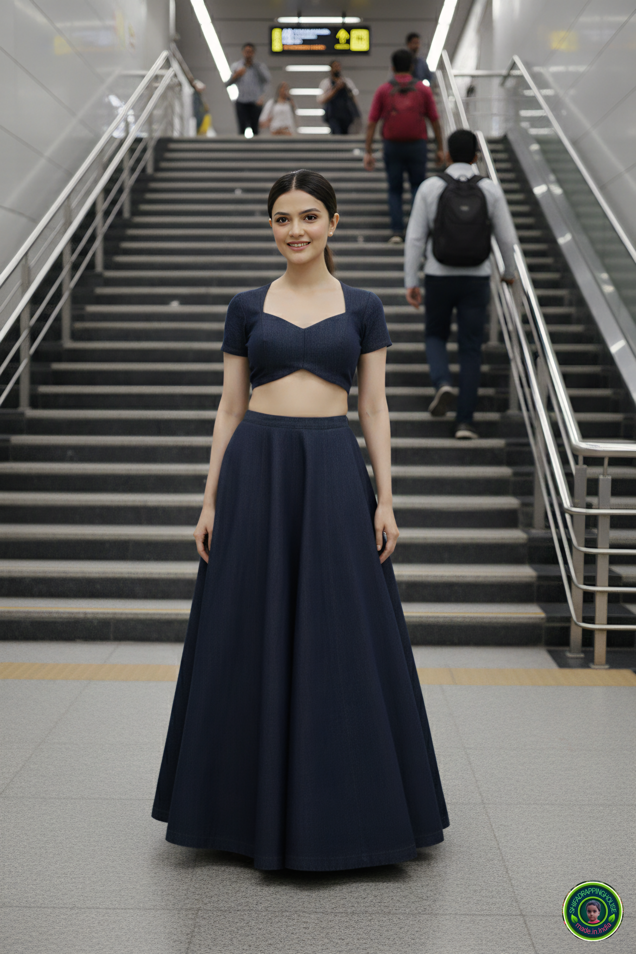 Shifa Drapping House Exclusive | Luxury Navy Blue Denim Lehenga Blouse Set – Princess Cut Blouse & High-Flare Cross-Ghera Skirt