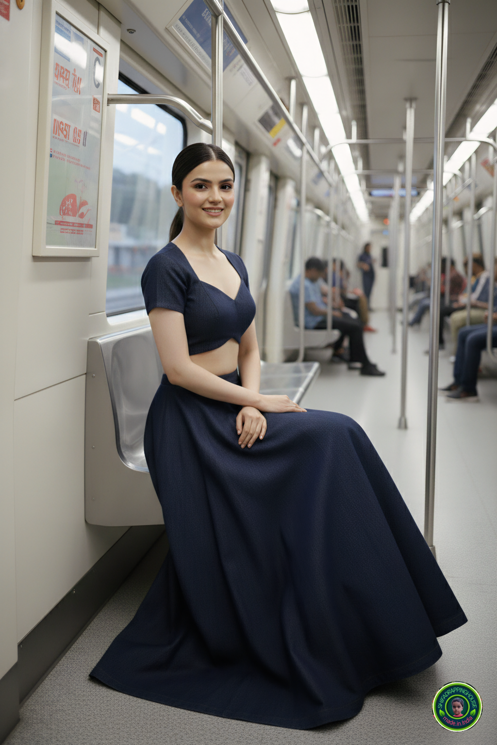 Shifa Drapping House Exclusive | Luxury Navy Blue Denim Lehenga Blouse Set – Princess Cut Blouse & High-Flare Cross-Ghera Skirt