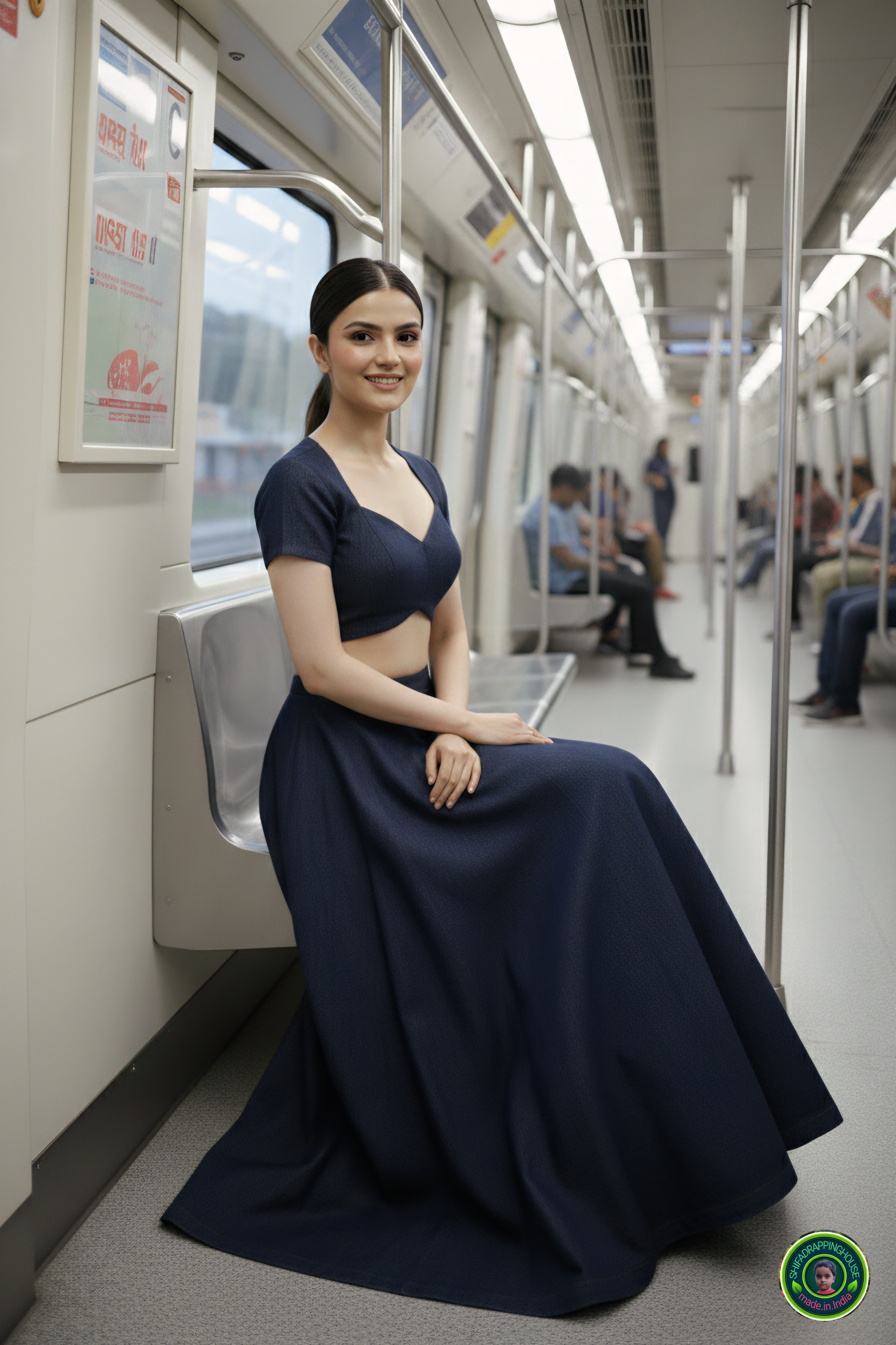 Shifa Drapping House Exclusive | Luxury Navy Blue Denim Lehenga Blouse Set – Princess Cut Blouse & High-Flare Cross-Ghera Skirt