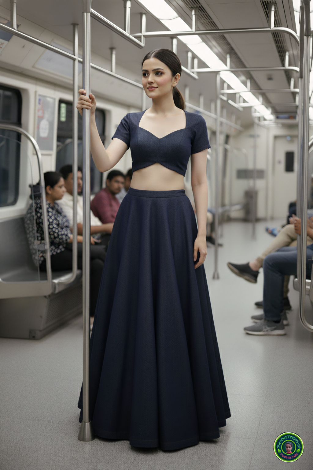 Shifa Drapping House Exclusive | Luxury Navy Blue Denim Lehenga Blouse Set – Princess Cut Blouse & High-Flare Cross-Ghera Skirt