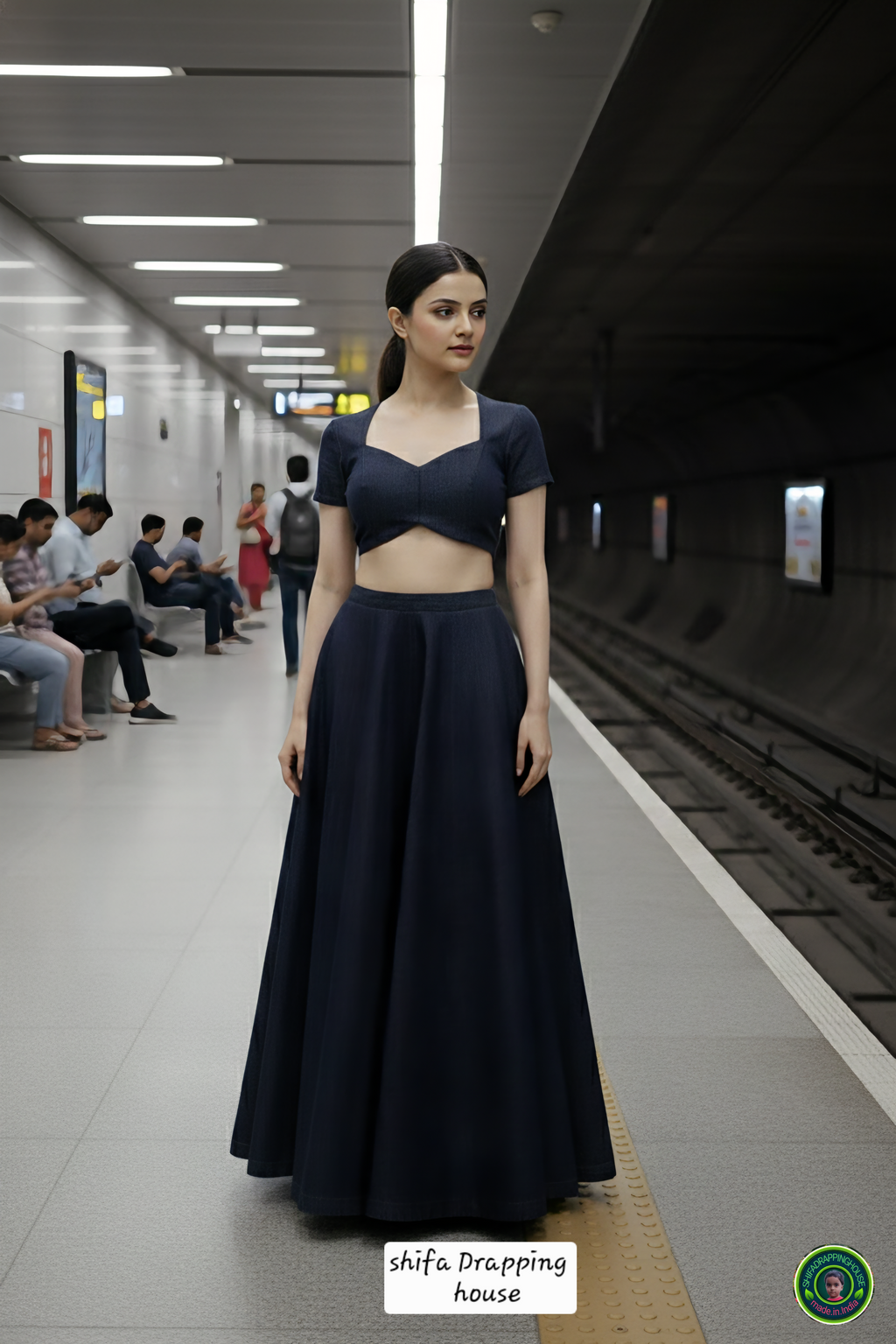 Shifa Drapping House Exclusive | Luxury Navy Blue Denim Lehenga Blouse Set – Princess Cut Blouse & High-Flare Cross-Ghera Skirt