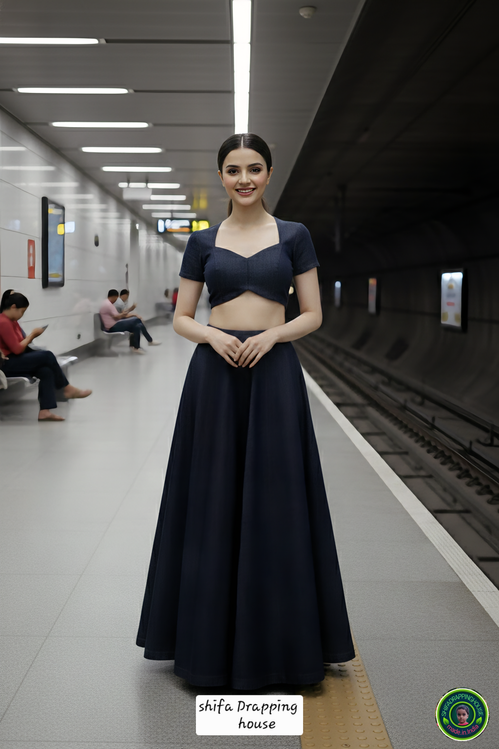 Shifa Drapping House Exclusive | Luxury Navy Blue Denim Lehenga Blouse Set – Princess Cut Blouse & High-Flare Cross-Ghera Skirt
