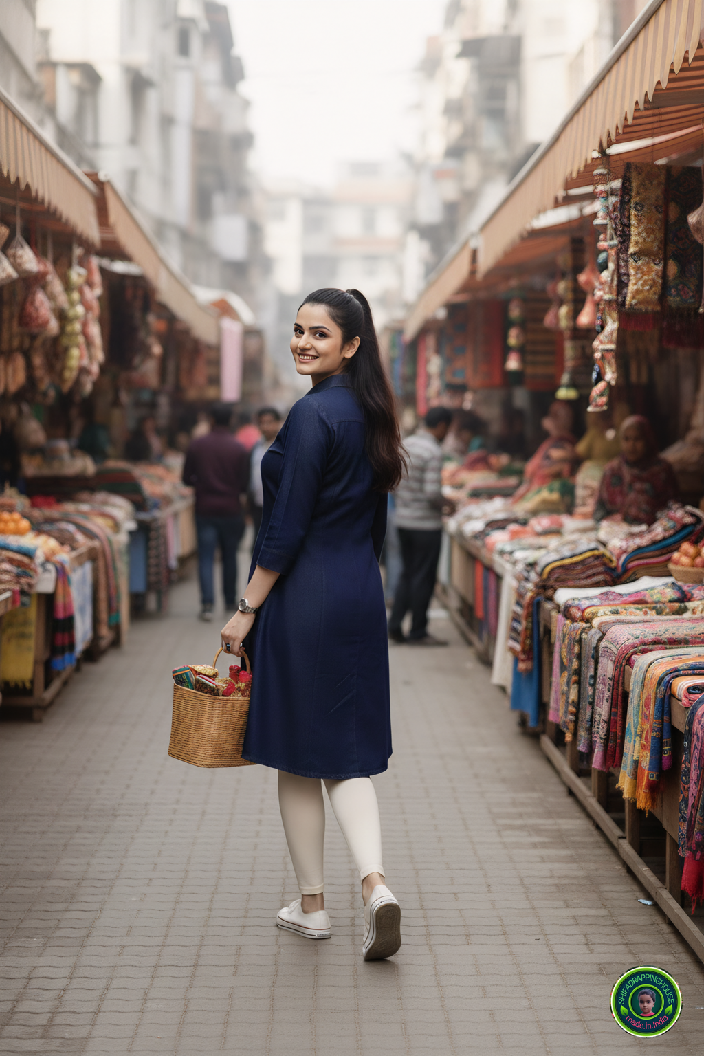 Luxury Navy Blue Denim Midi with Baby Collar & Princess Cut