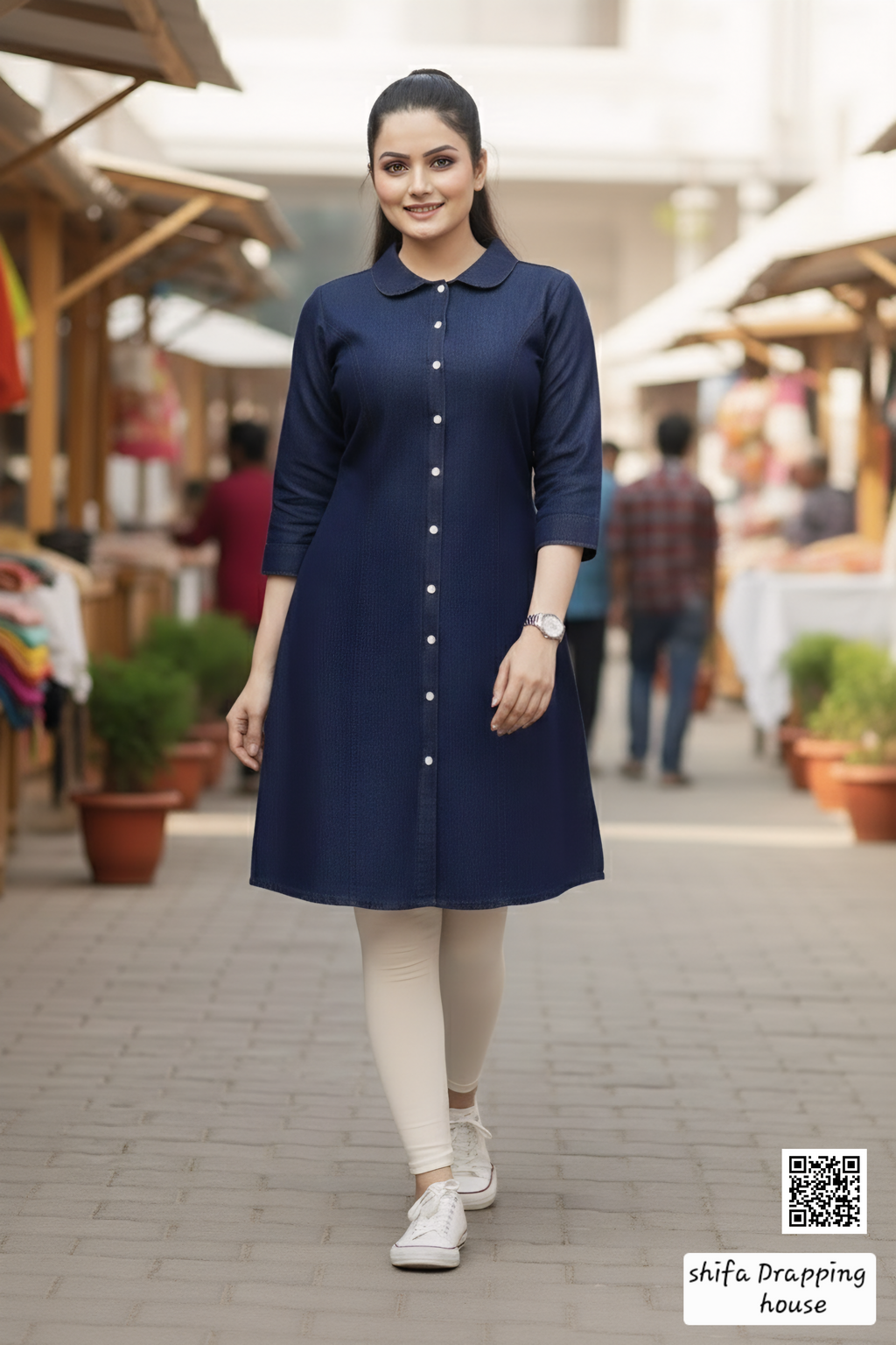 Luxury Navy Blue Denim Midi with Baby Collar & Princess Cut