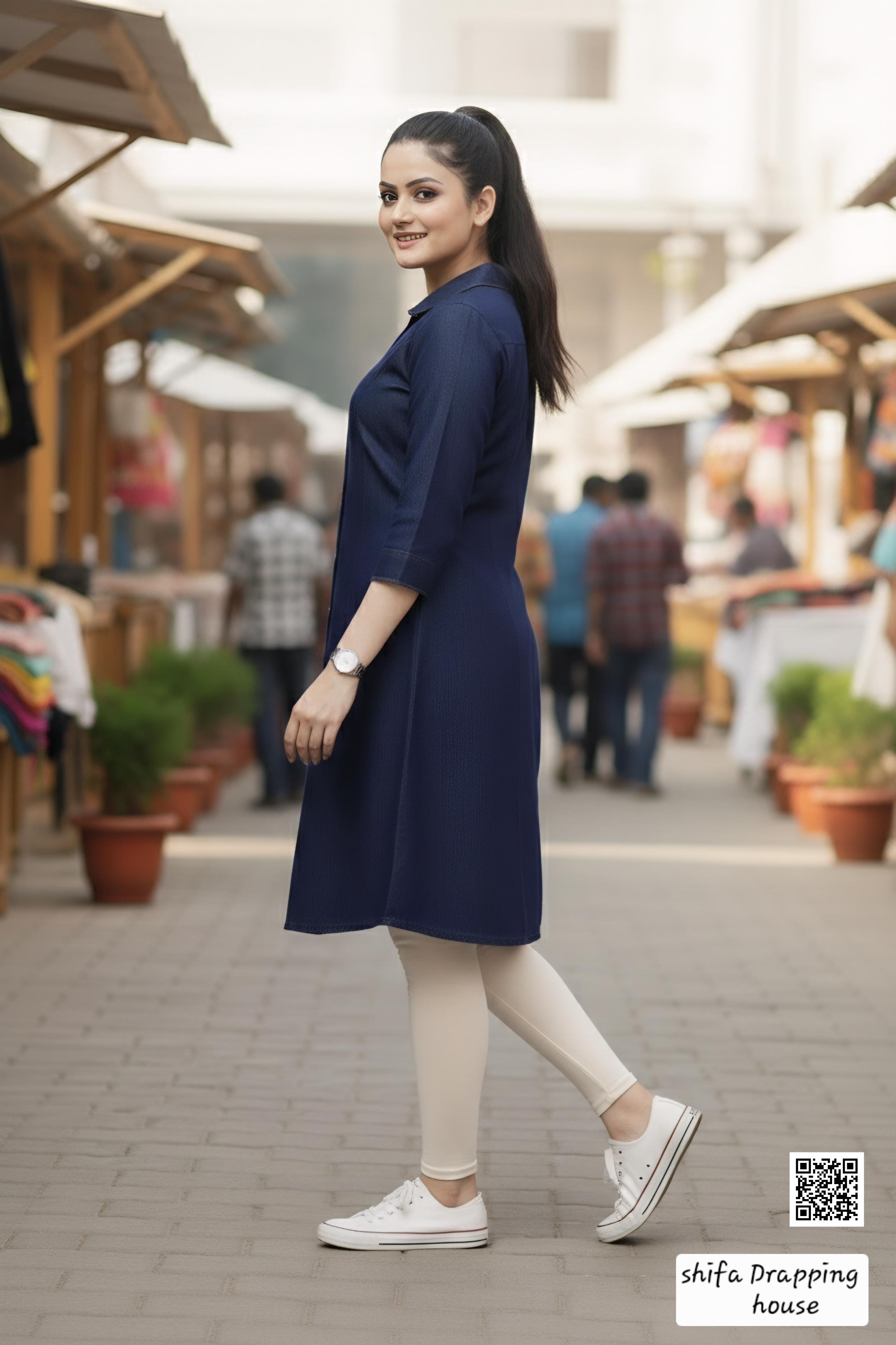 Luxury Navy Blue Denim Midi with Baby Collar & Princess Cut