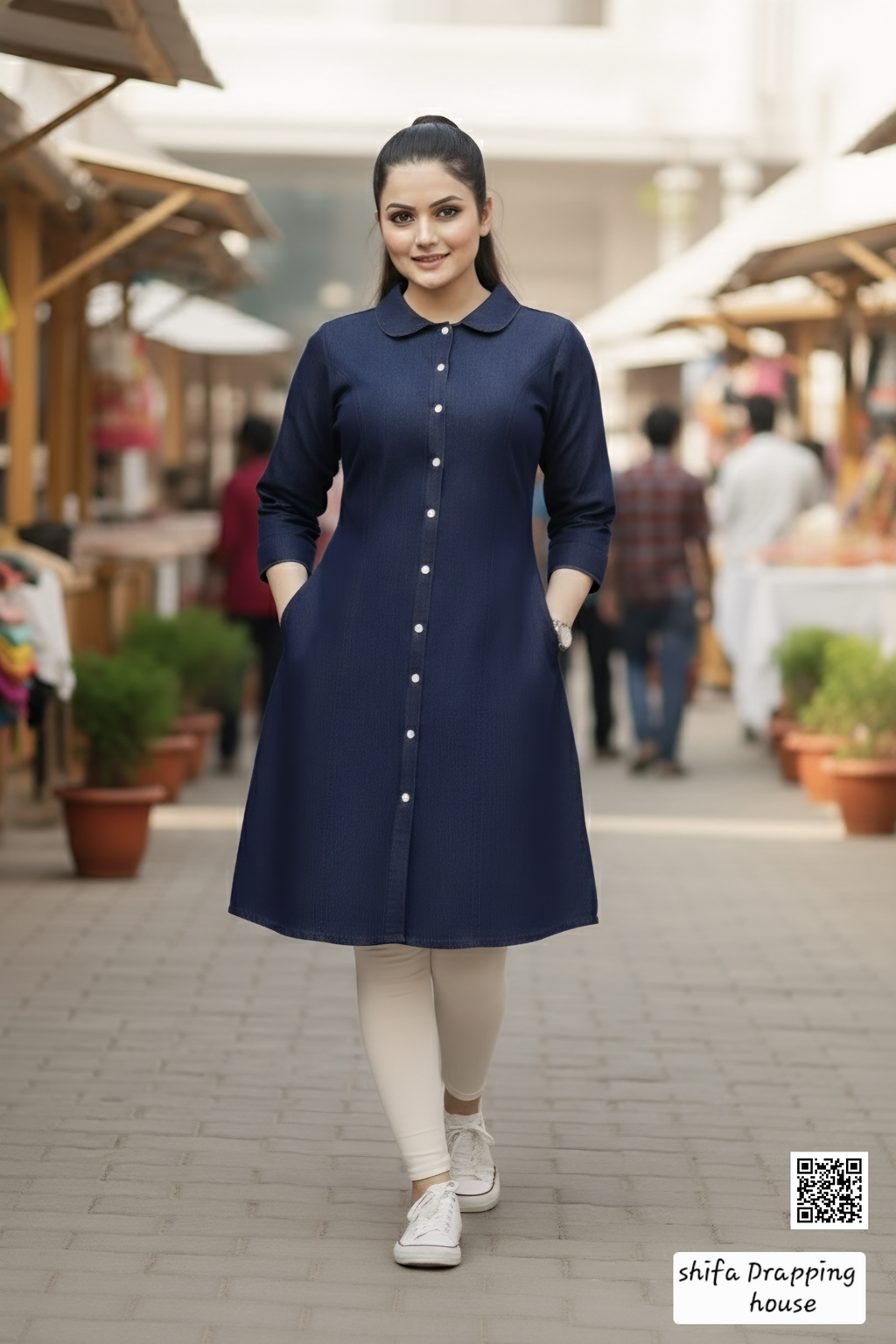 Luxury Navy Blue Denim Midi with Baby Collar & Princess Cut