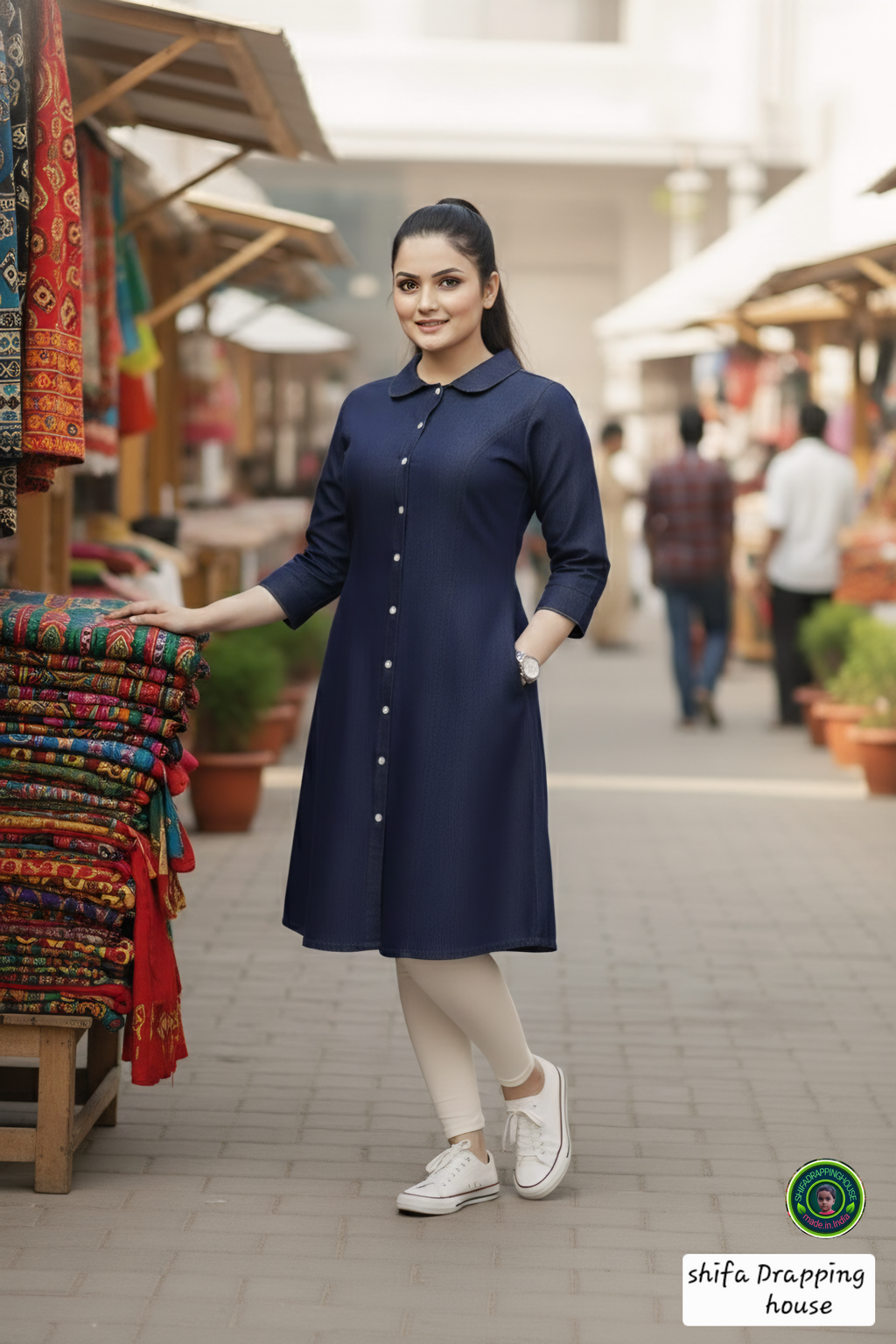 Luxury Navy Blue Denim Midi with Baby Collar & Princess Cut