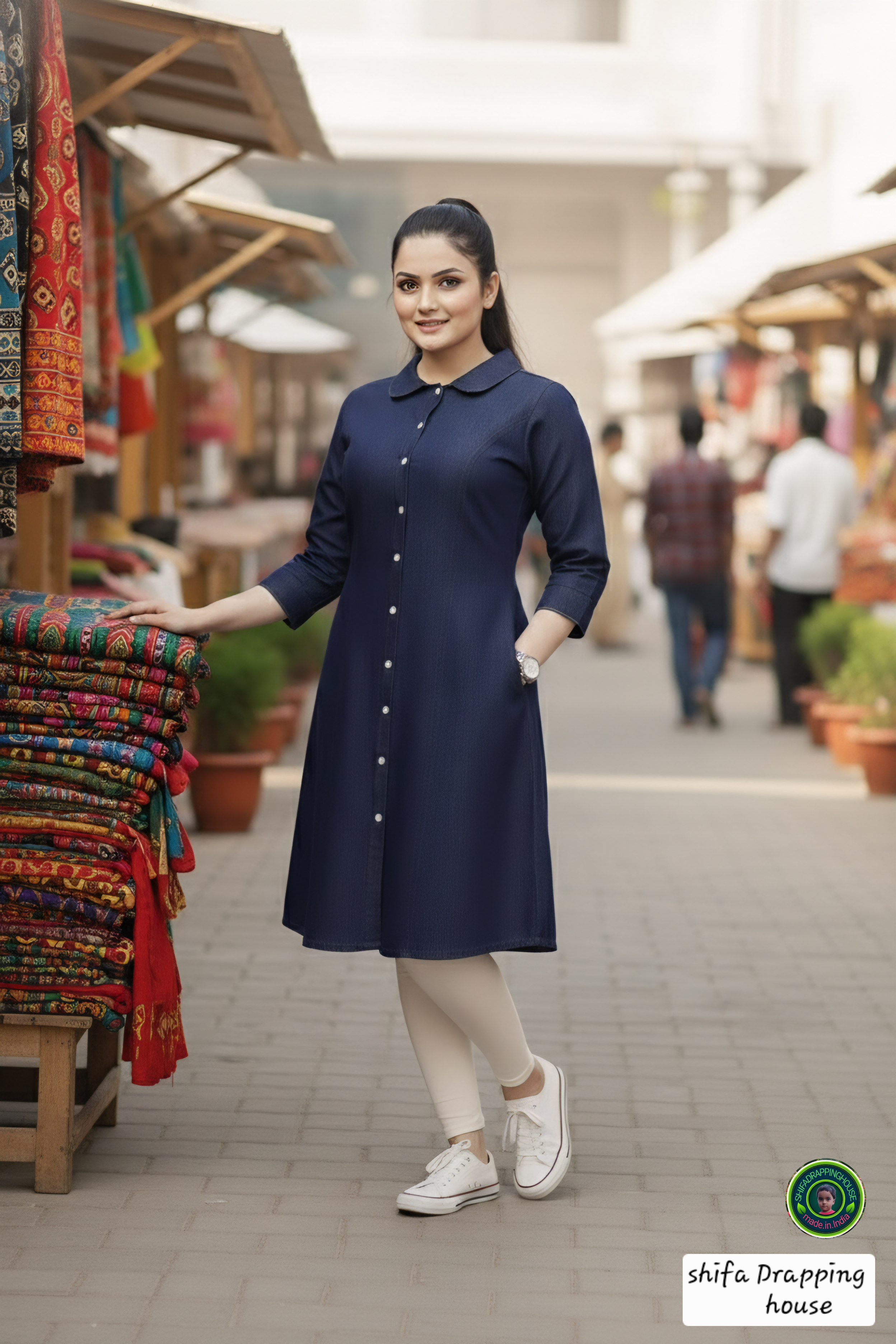 Luxury Navy Blue Denim Midi with Baby Collar & Princess Cut