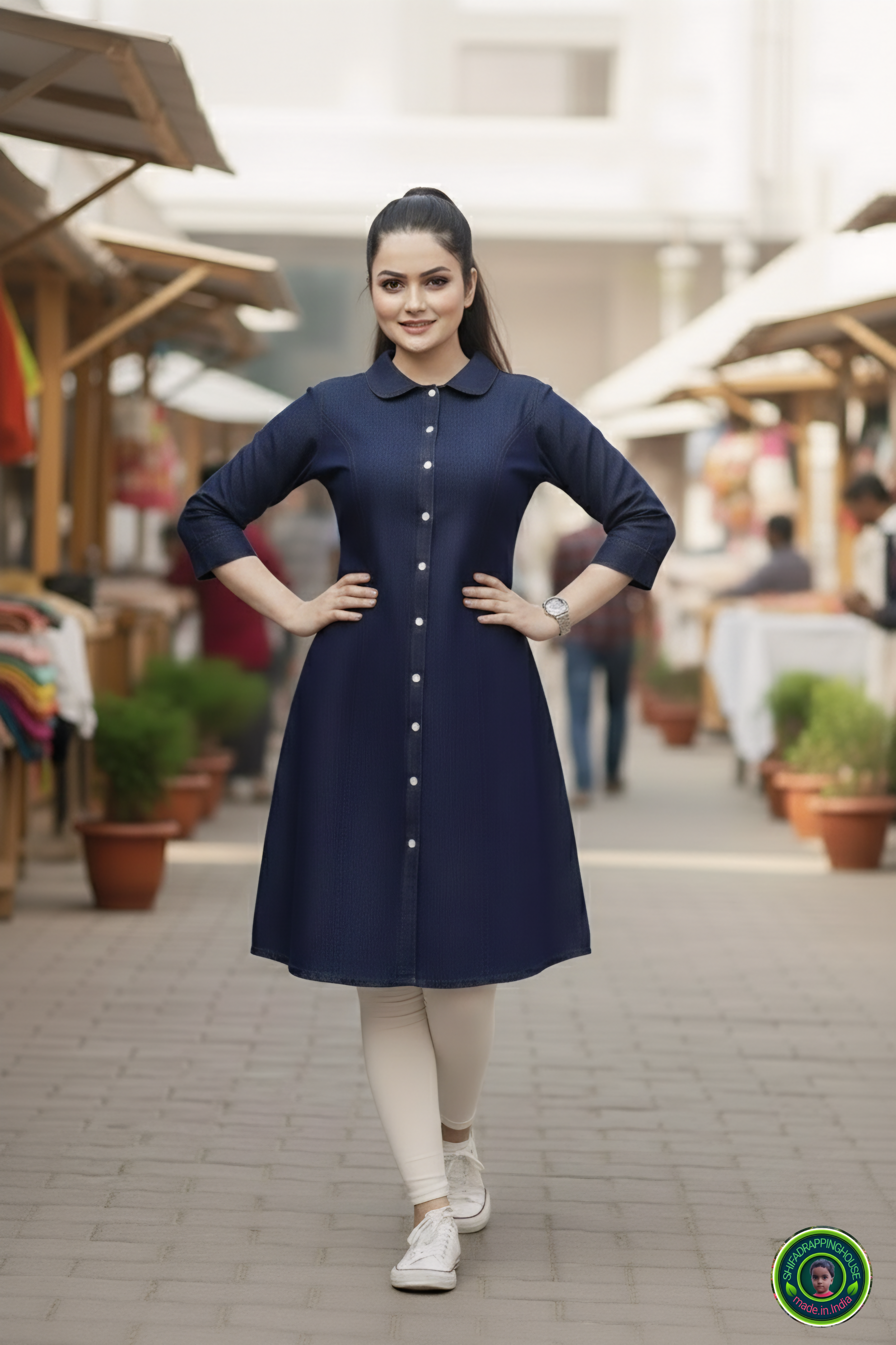 Luxury Navy Blue Denim Midi with Baby Collar & Princess Cut